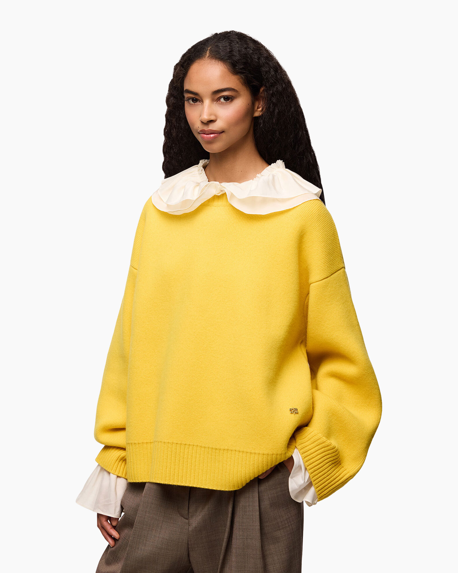 gele trui, oversized trui, gebreid top, rond hals, kraagachtige look