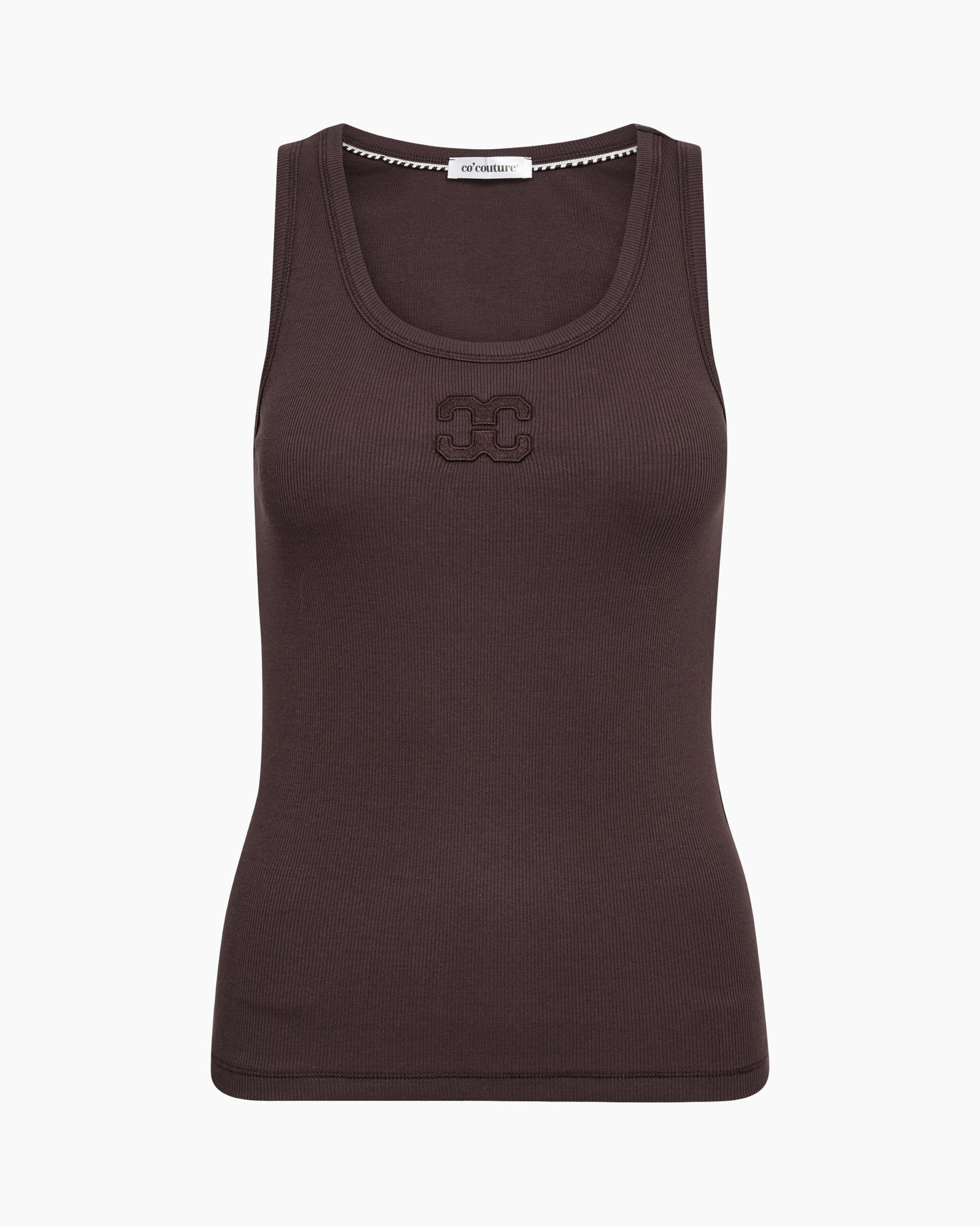 tanktop, ribbed, bruin, mouwloos, geïndente logo