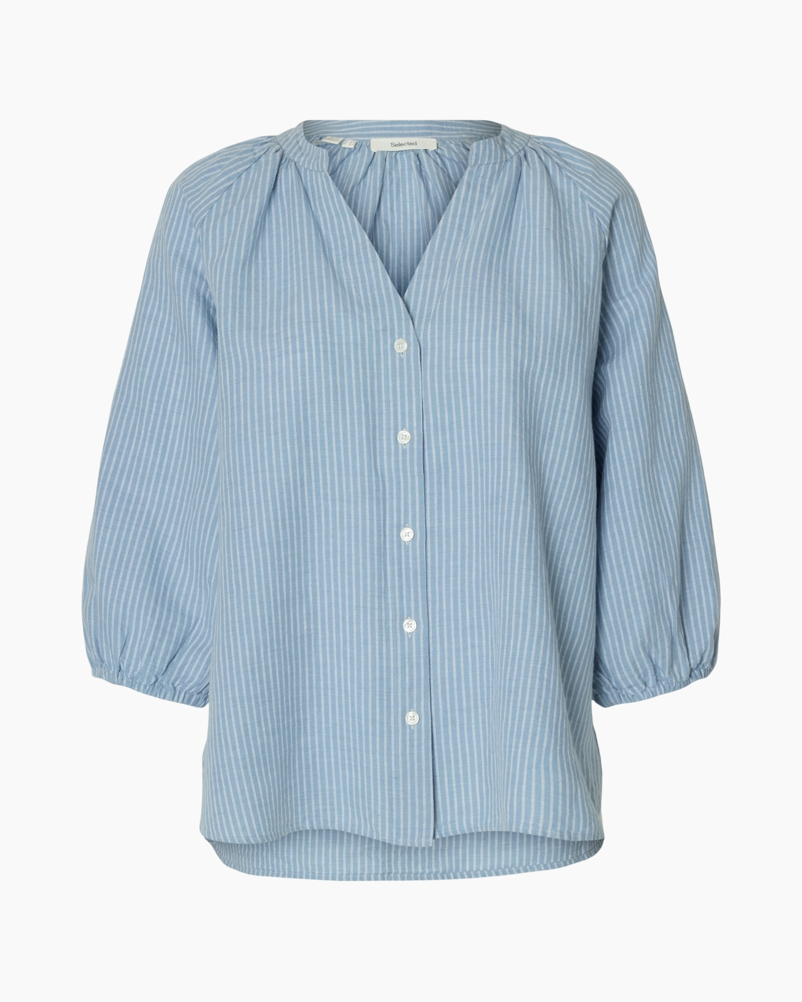 blouse, strepen, blauw, knopen blouse, pofmouw