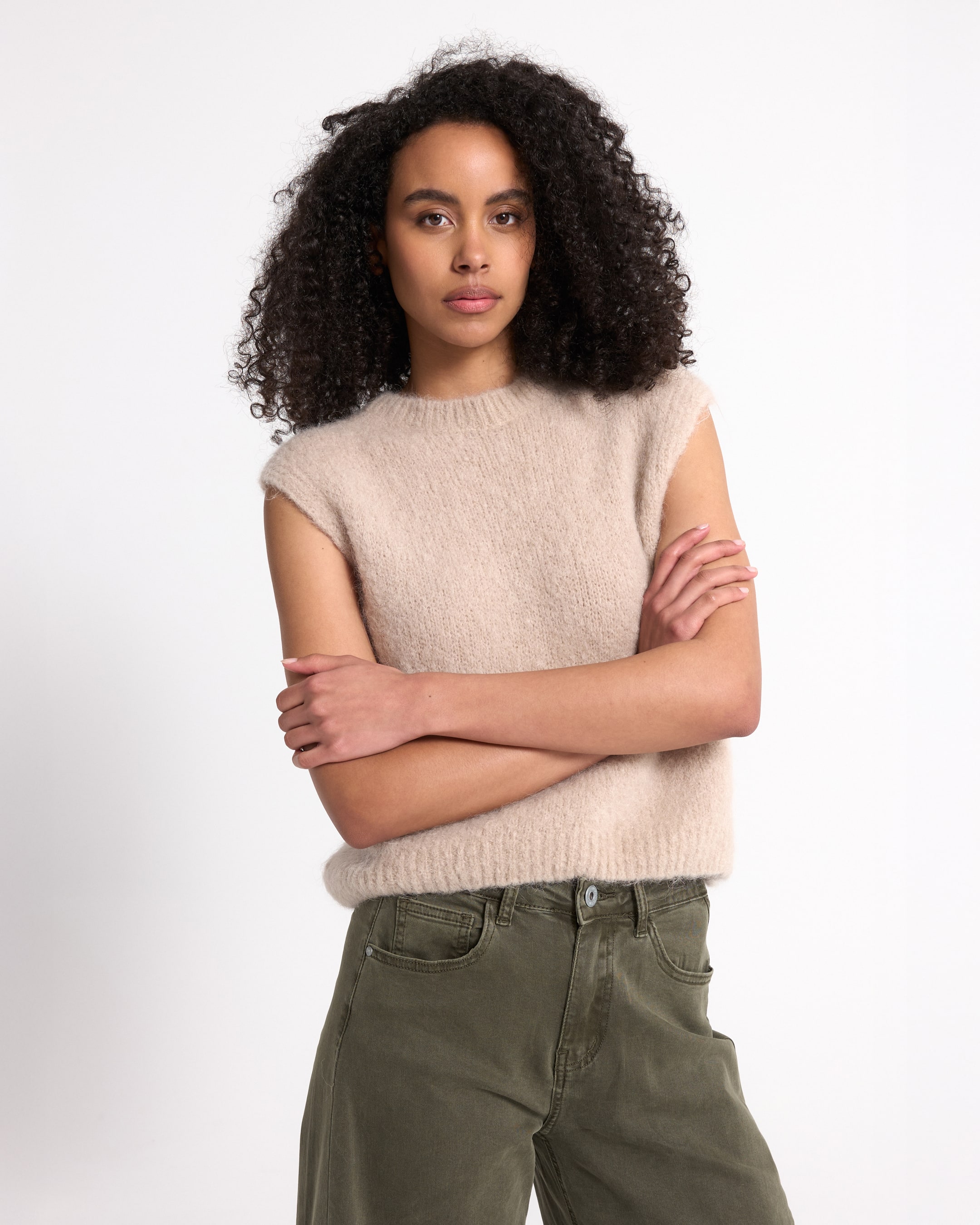 sleeveless sweater, beige knit, soft knitwear, women top, green pants