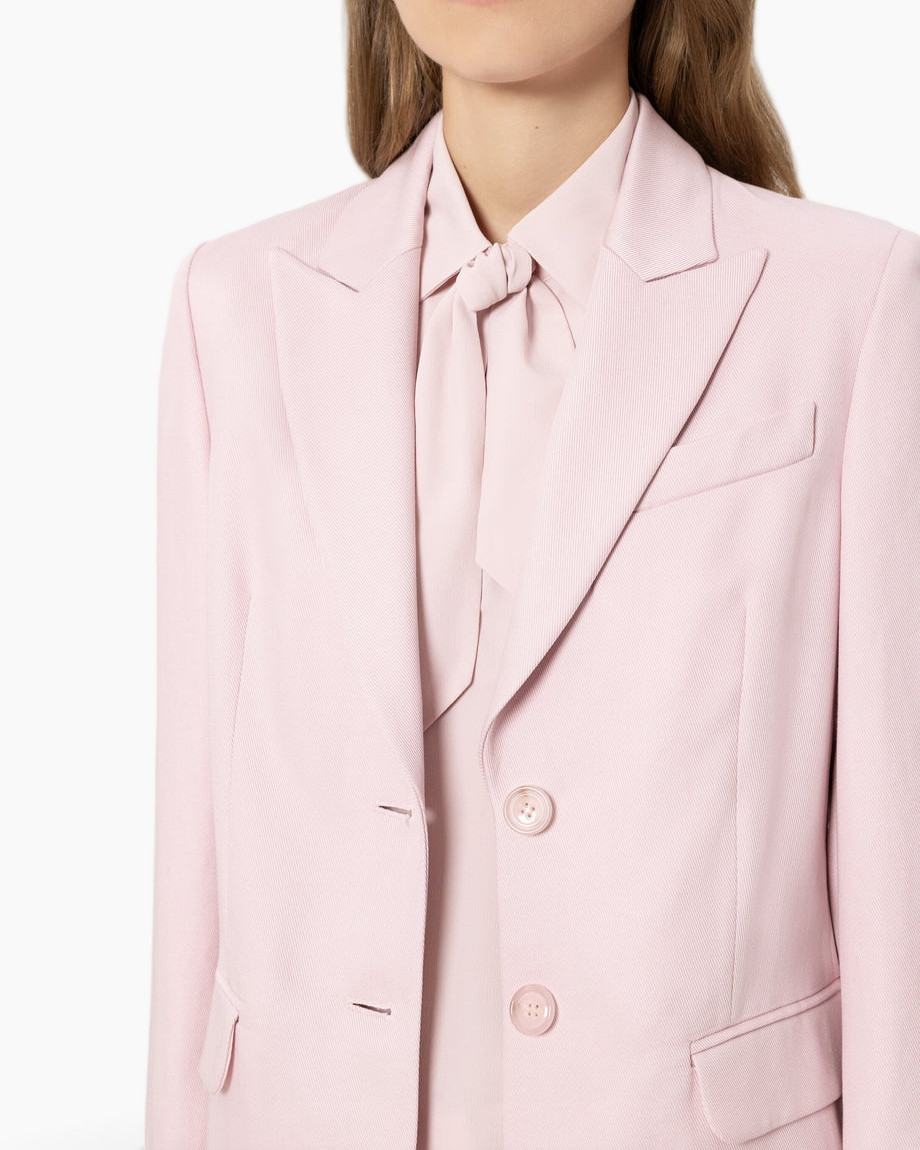 pink blazer, women's blazer, notched lapel, buttoned blazer, single-breasted