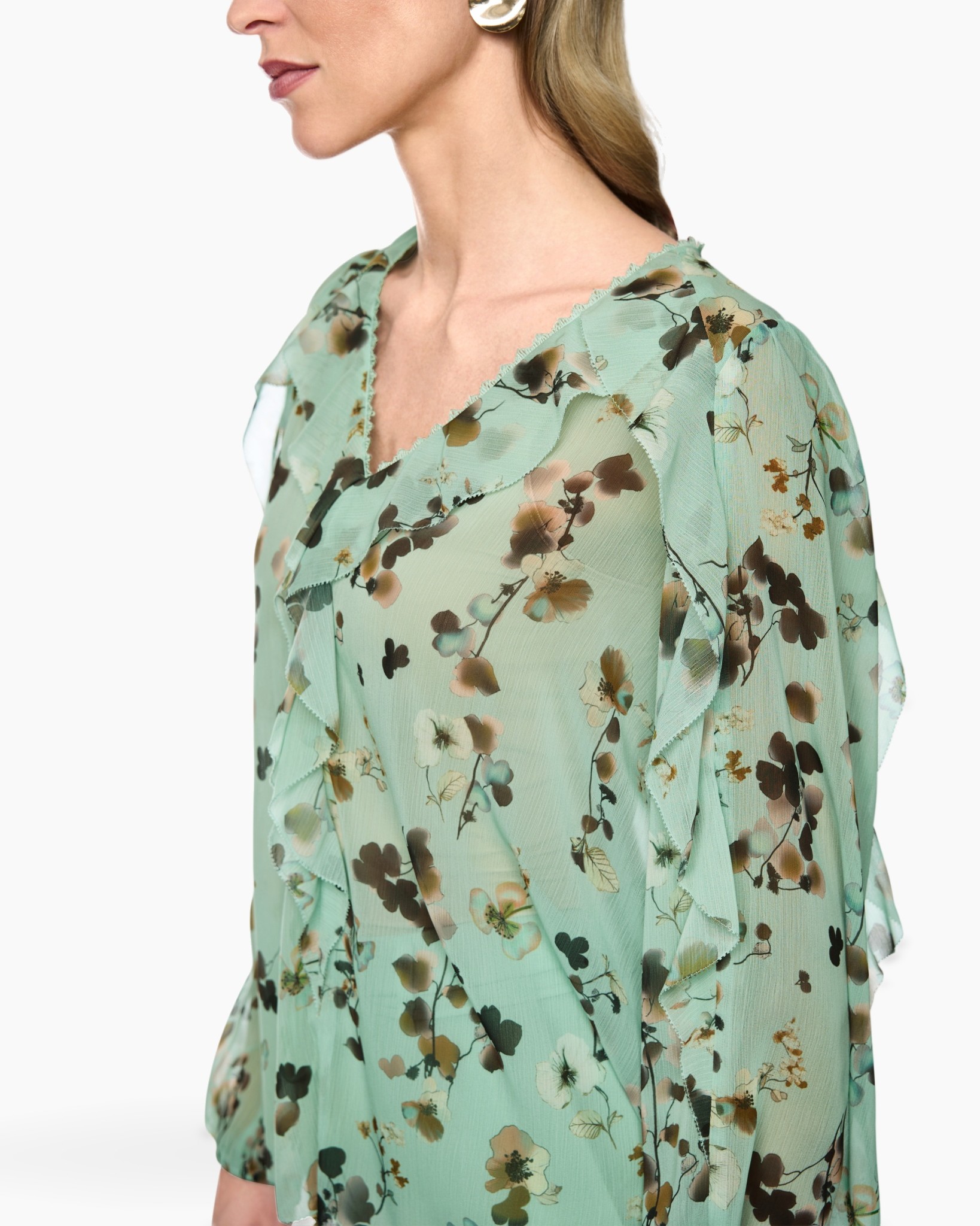 blouse, bloemenprint, mint, chiffon, rimpels (ruffles)