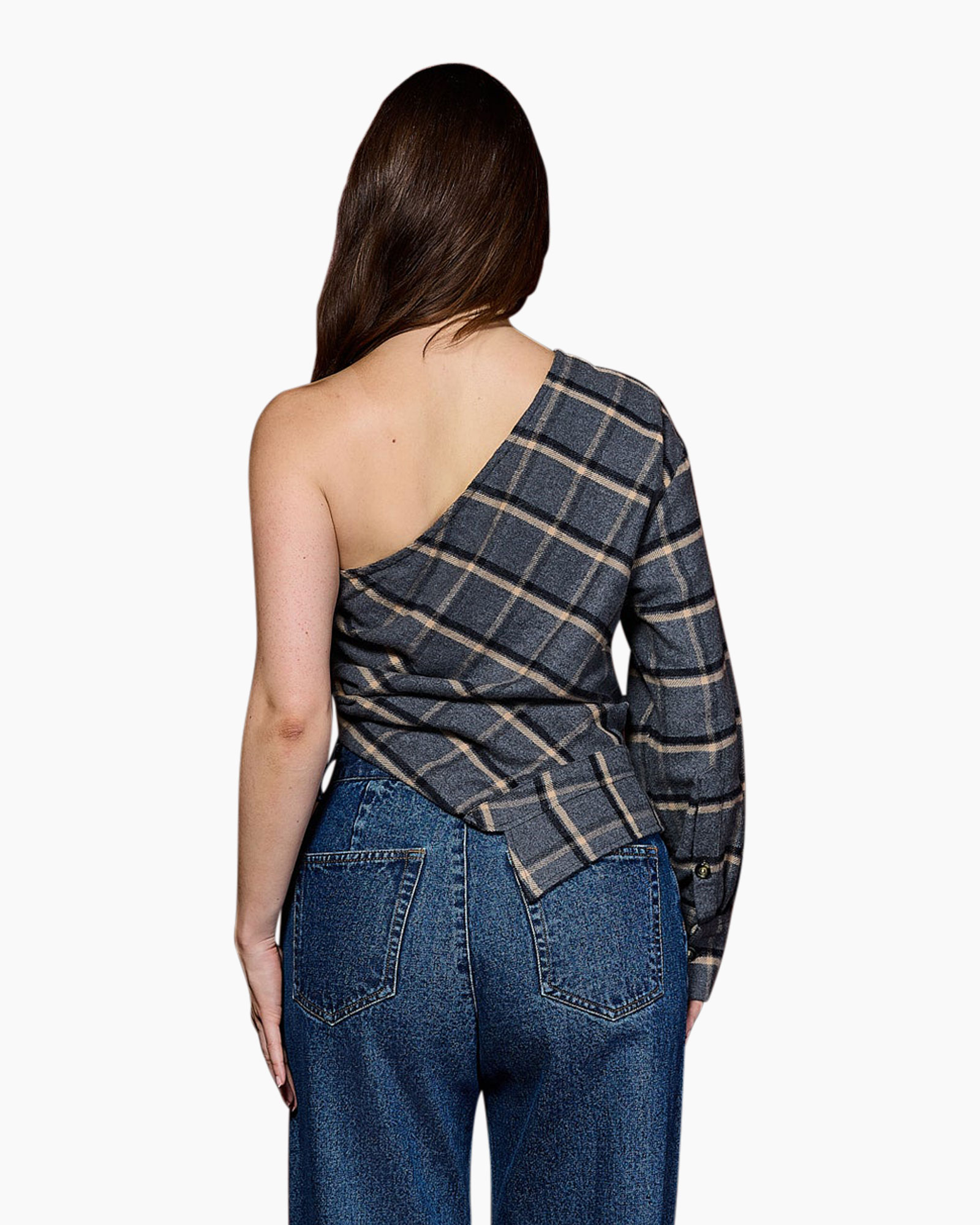 een-schouder, ruitjes, top, lang-sleeve, asymmetrisch
