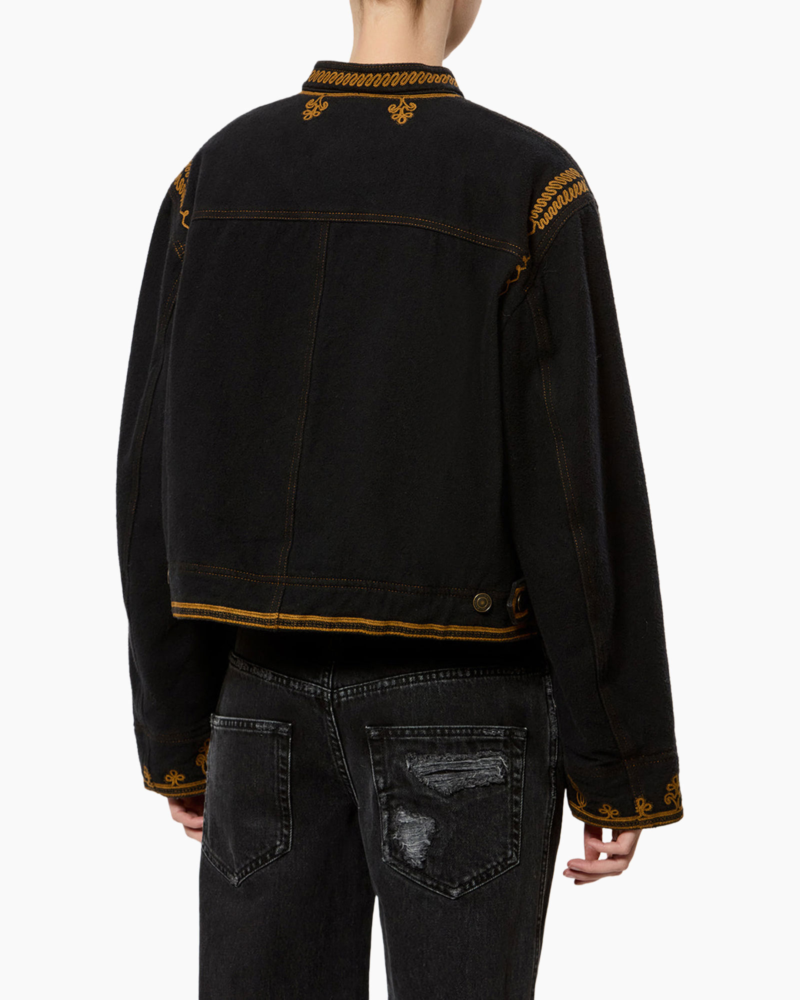 jas, zwart jack, goud borduursel, lange mouwen, casual buitenlaag