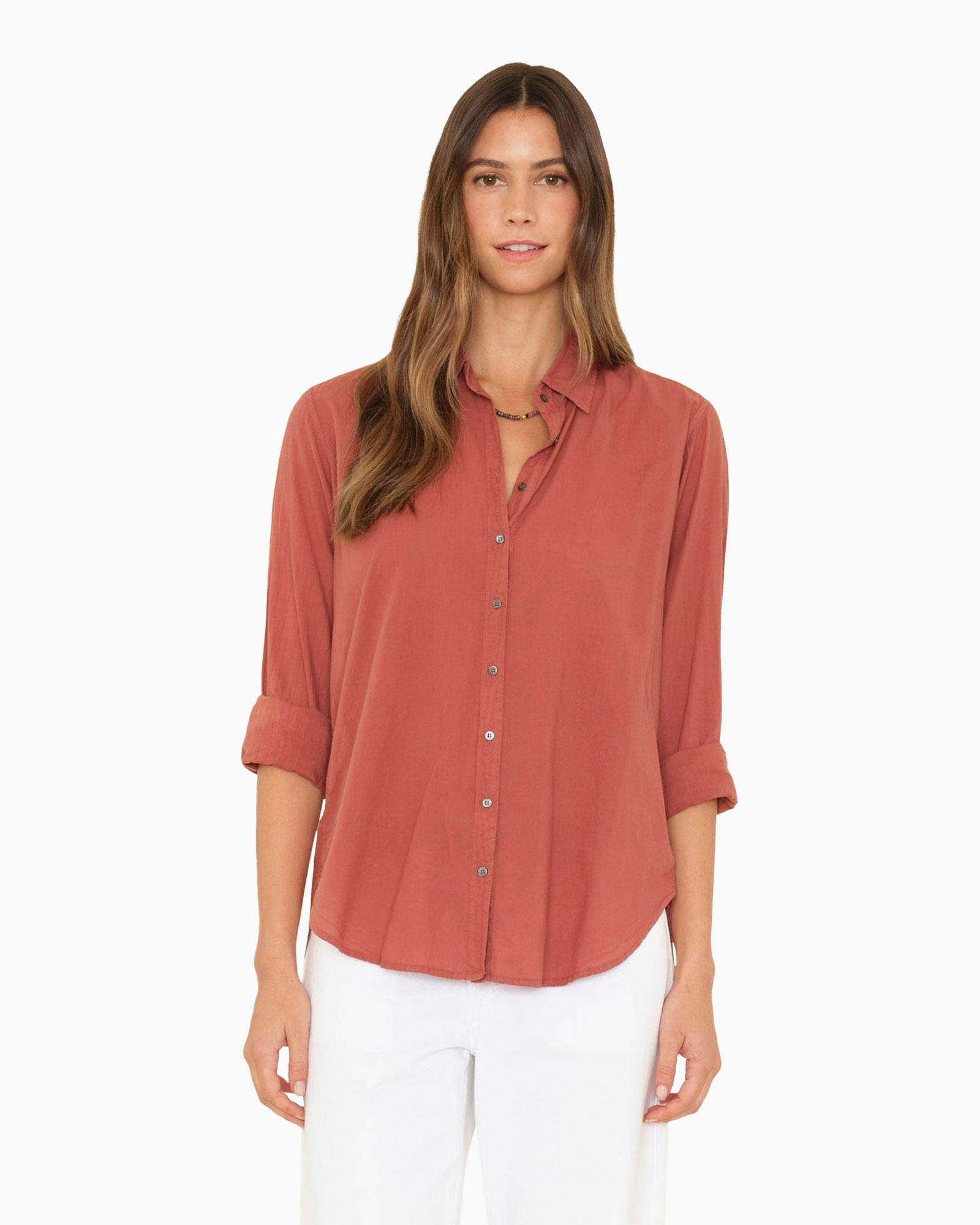 button-down, linen, long-sleeve, solid, pink-orange