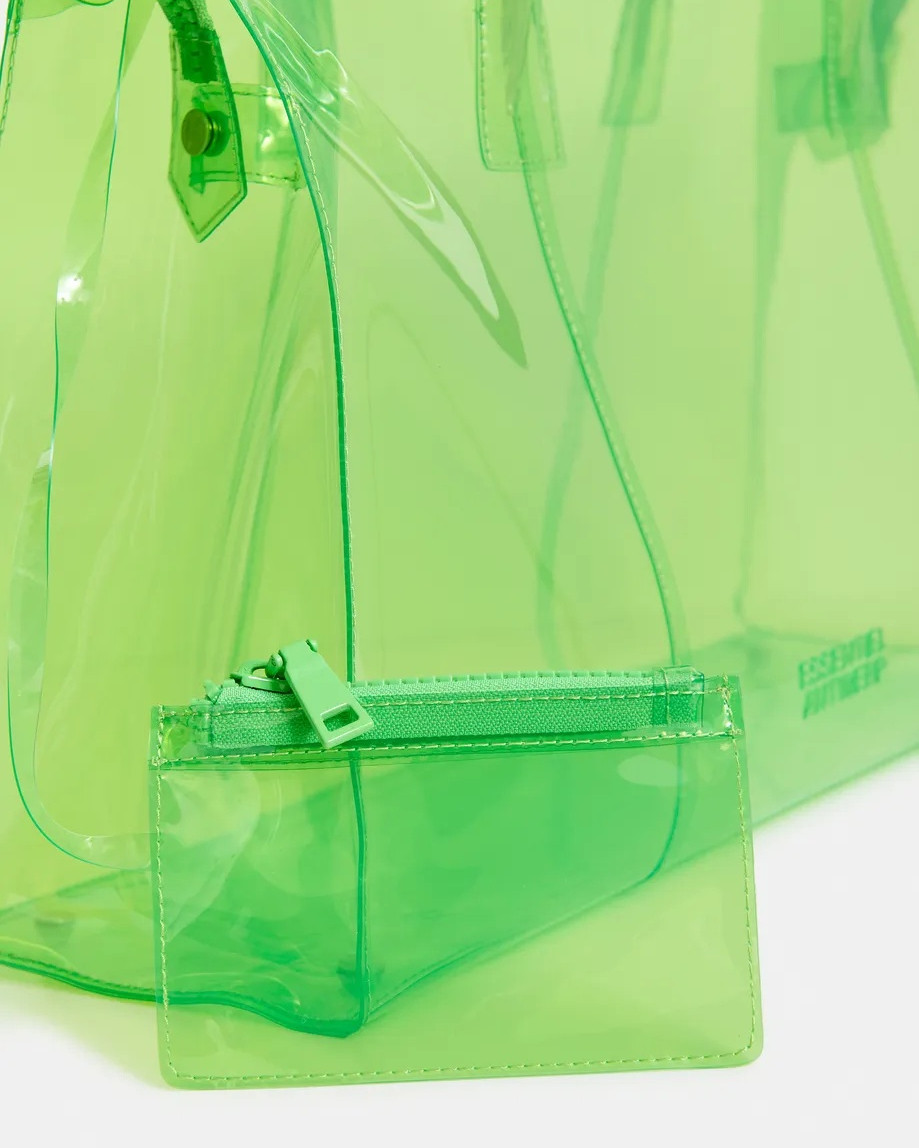 transparant tas, helder plastic, geritste zak, groene tas, mini portemonnee