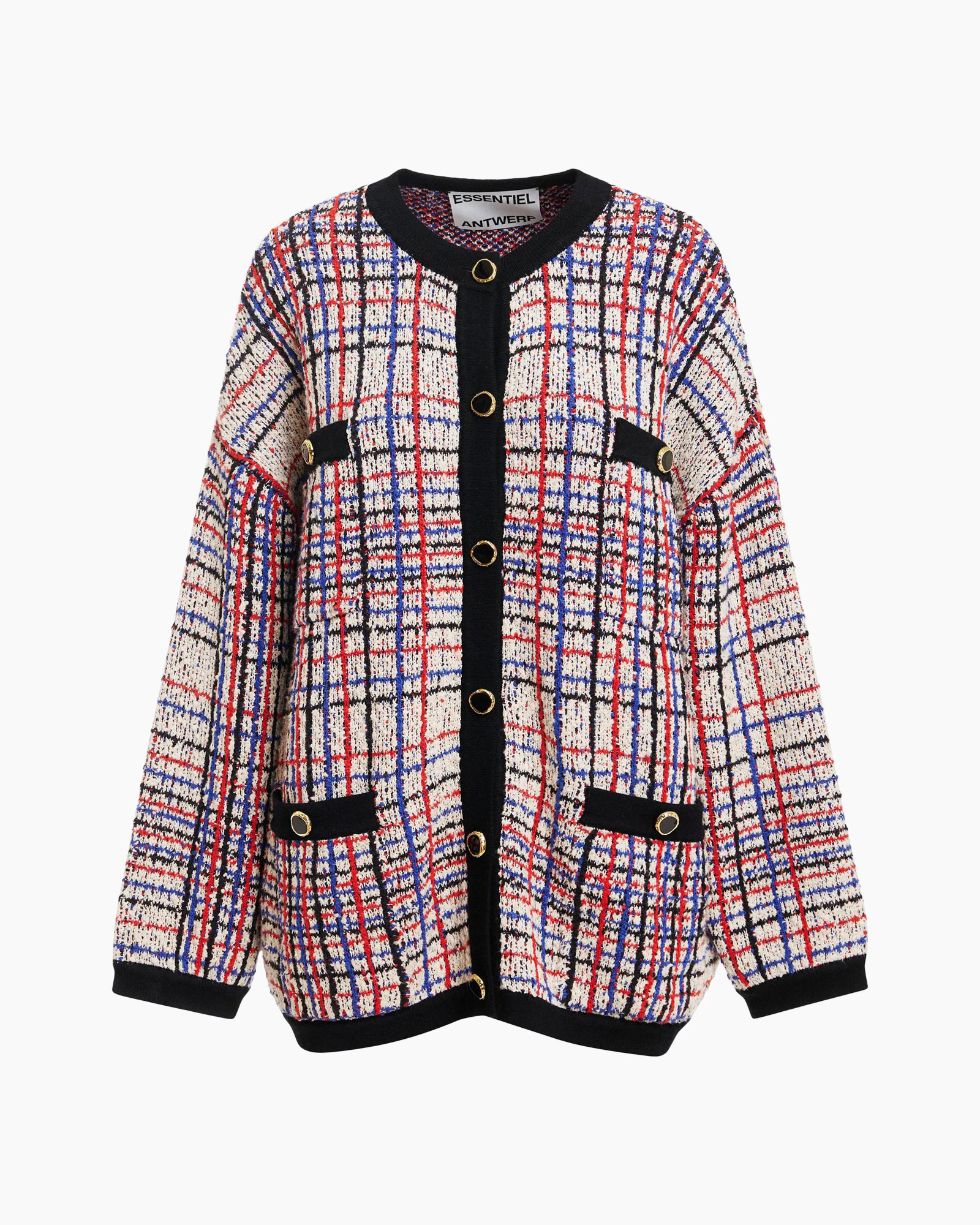veston, ruitpatroon, breisel, knopen-front, kraagloze cardigan
