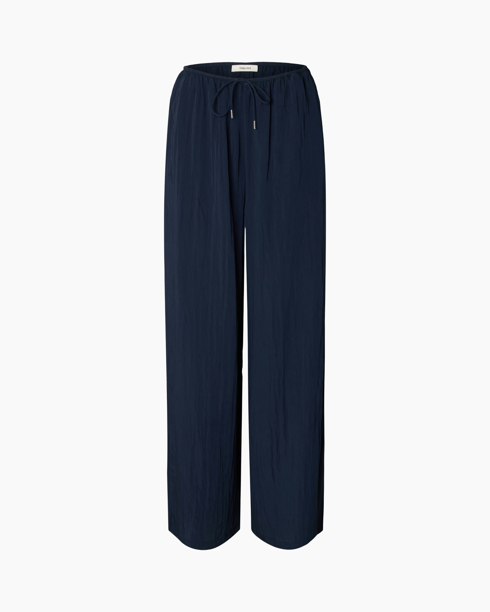 pants, wide-leg, drawstring, navy, crinkle