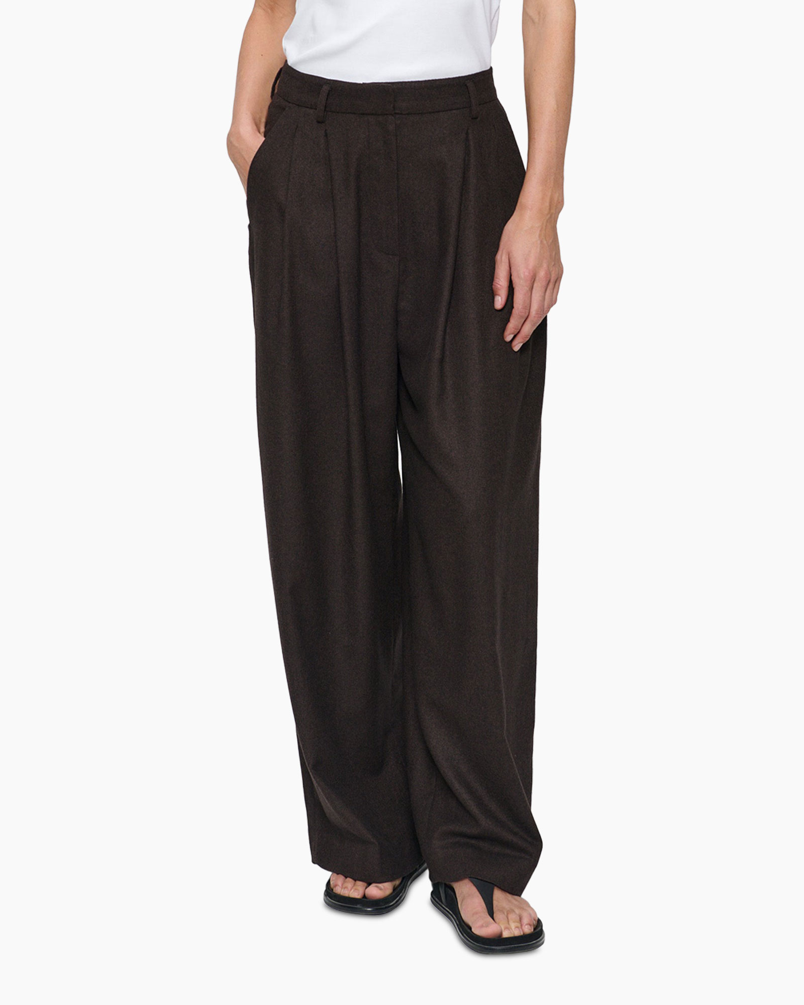 broek, broeken, wijdvallend, donkerbruin, elastische-taille