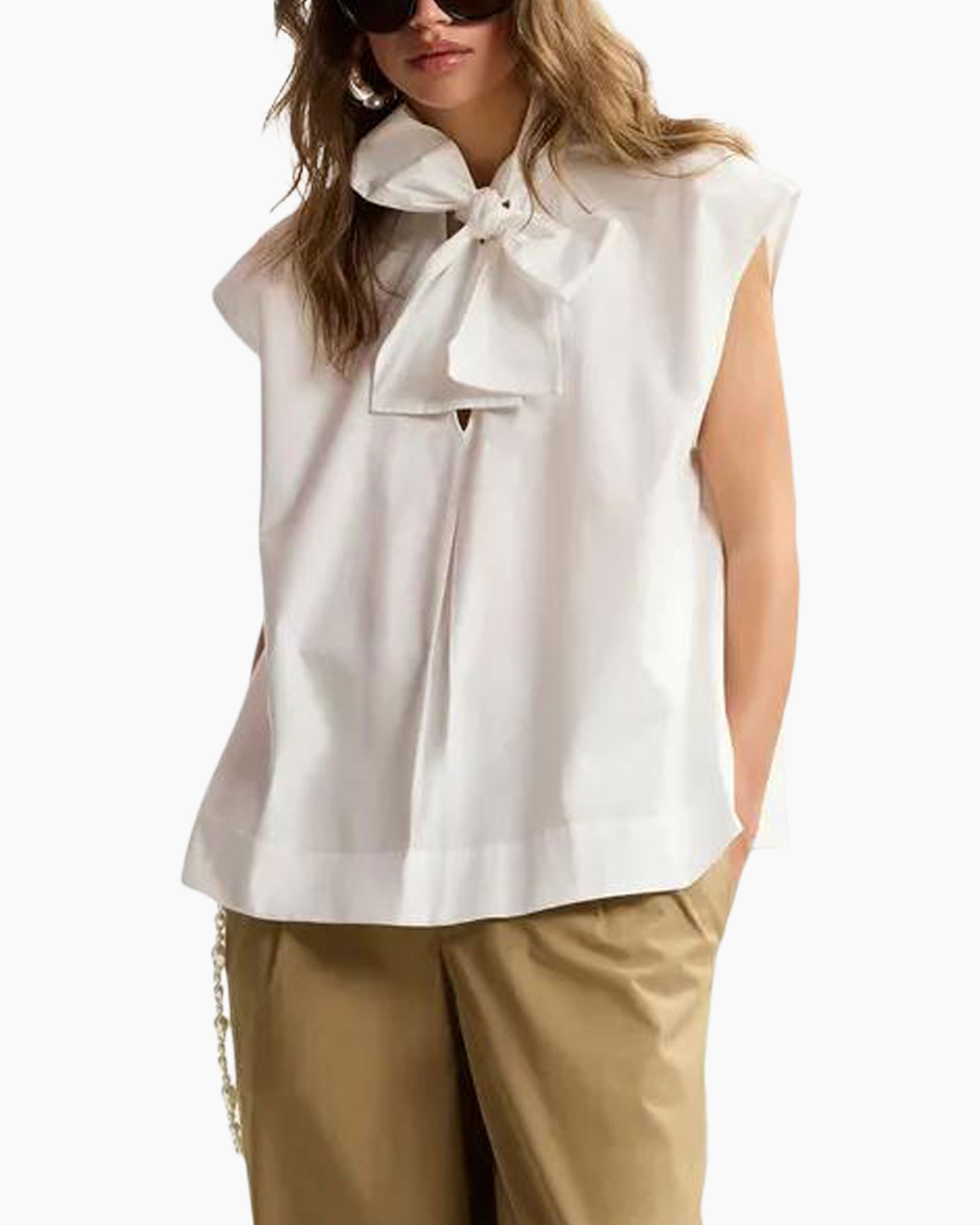 blouse, sleeveless, white, tie-neck, top