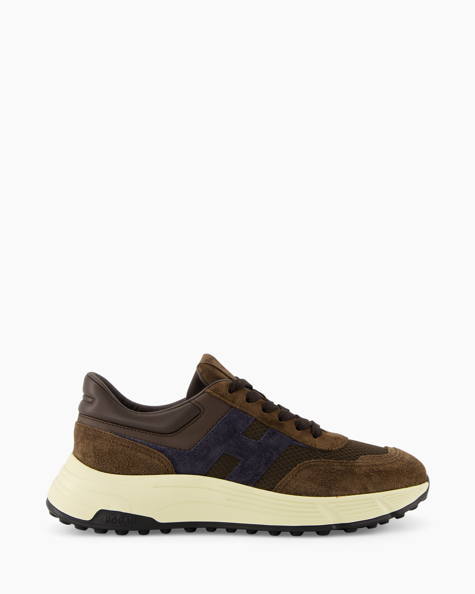 sneaker, bruin, suede, soleil met patroon, platformzool