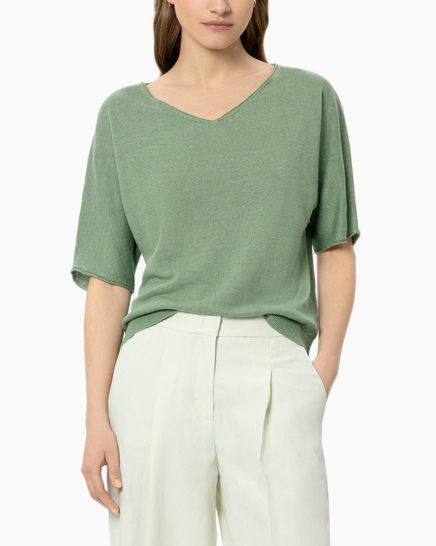 groene top, V-hals, korte mouwen, gebreide stof, casual blouse