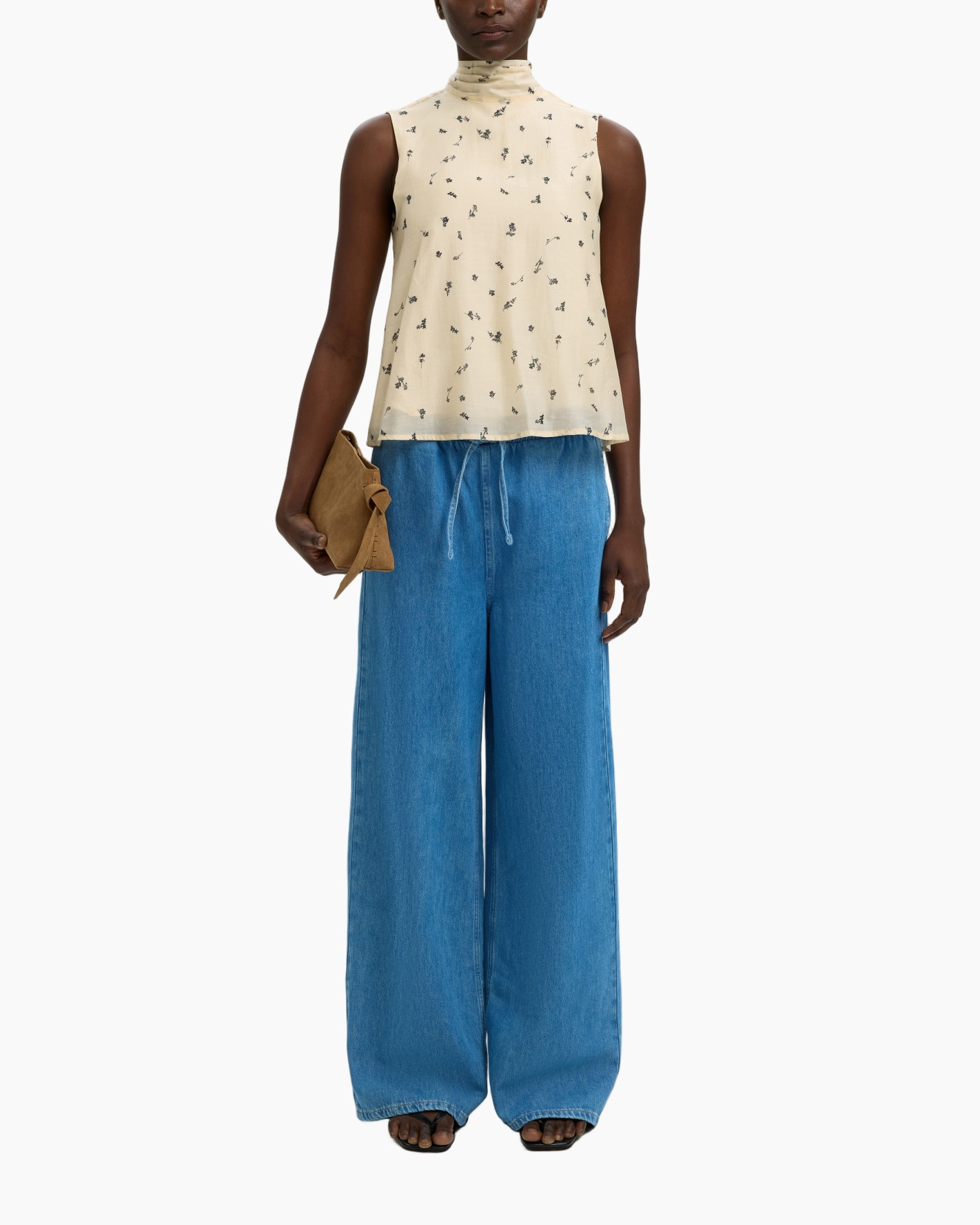 tanktop, bloemenprint, rolkraag, zonder mouwen, beige