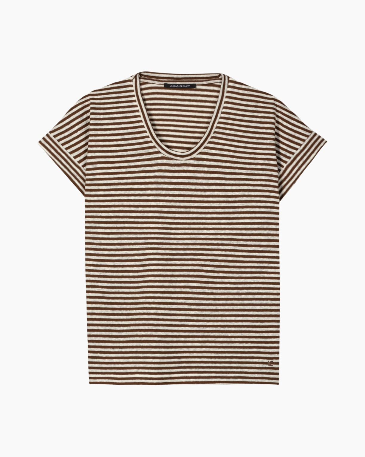 t shirt, striped, brown, short sleeve, crew neck