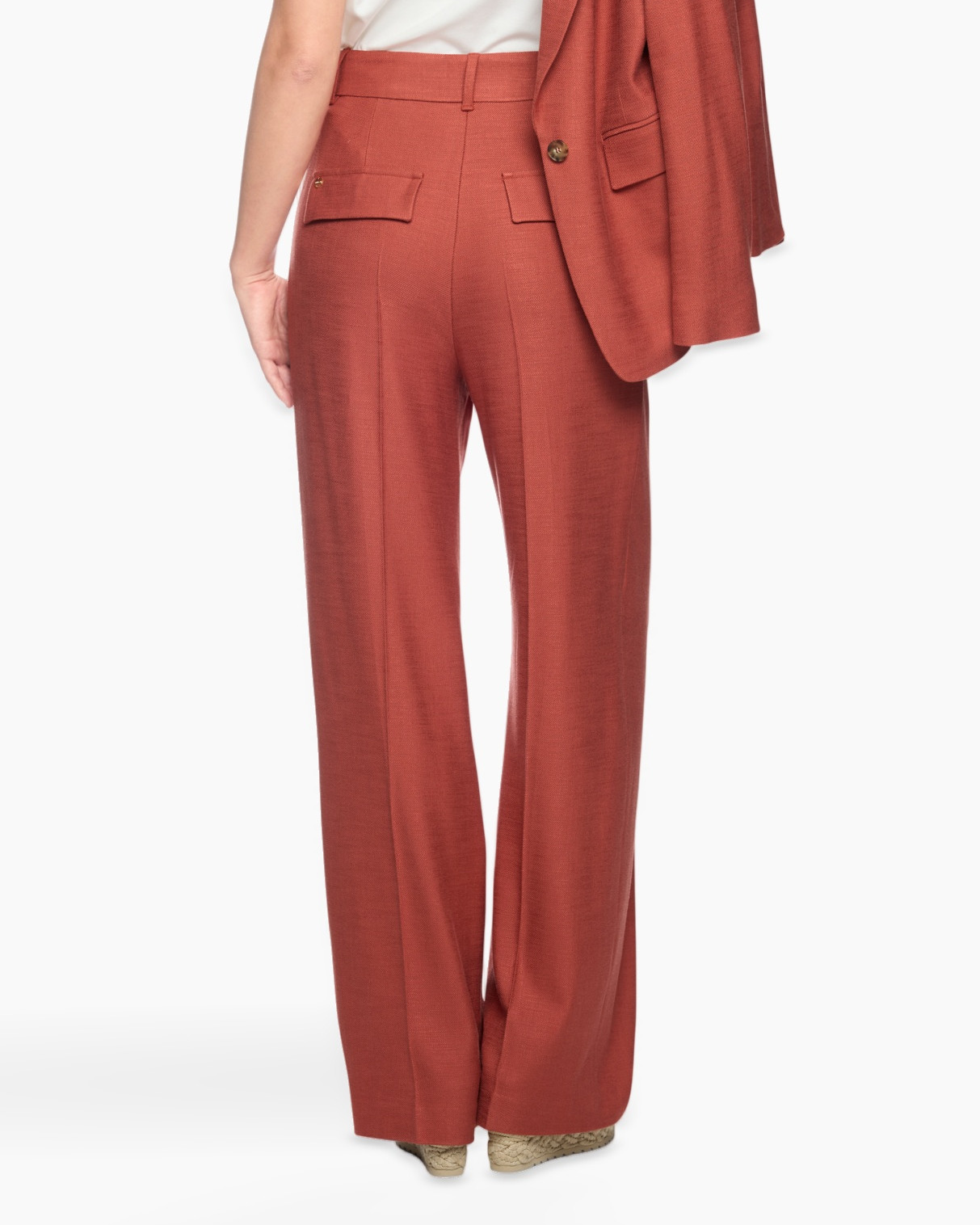 broek, wijd uitlopend, hoge taille, roodbruin, linnen mix