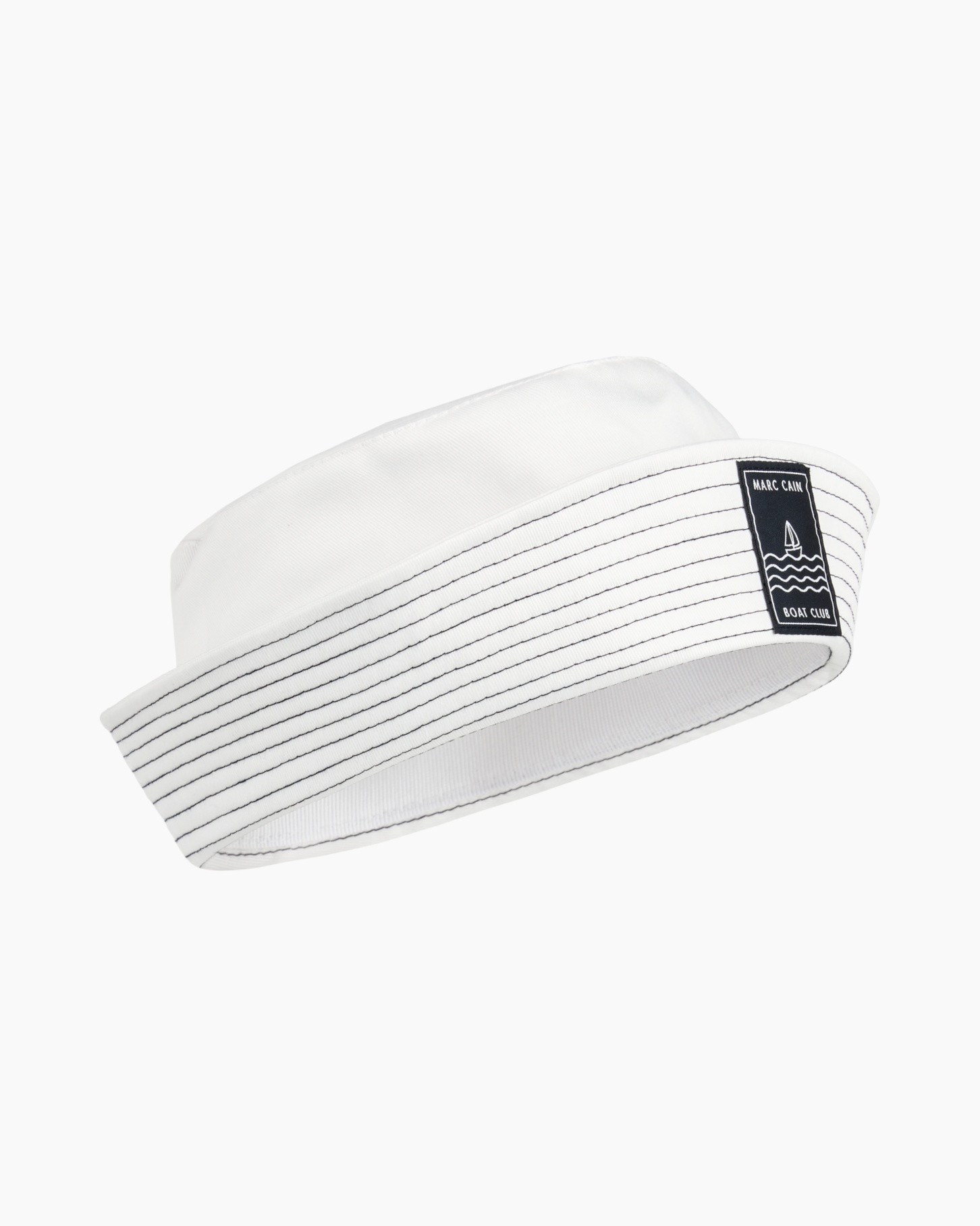 visor, white, striped, navy patch, boat club