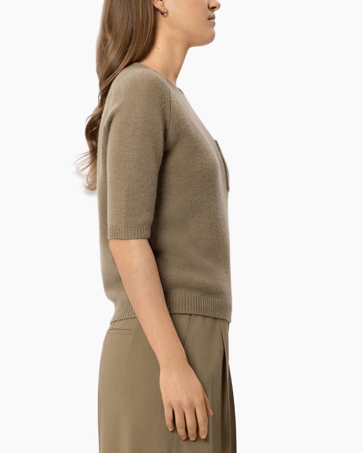 gebreide trui, korte mouw, tan, beige, dames top