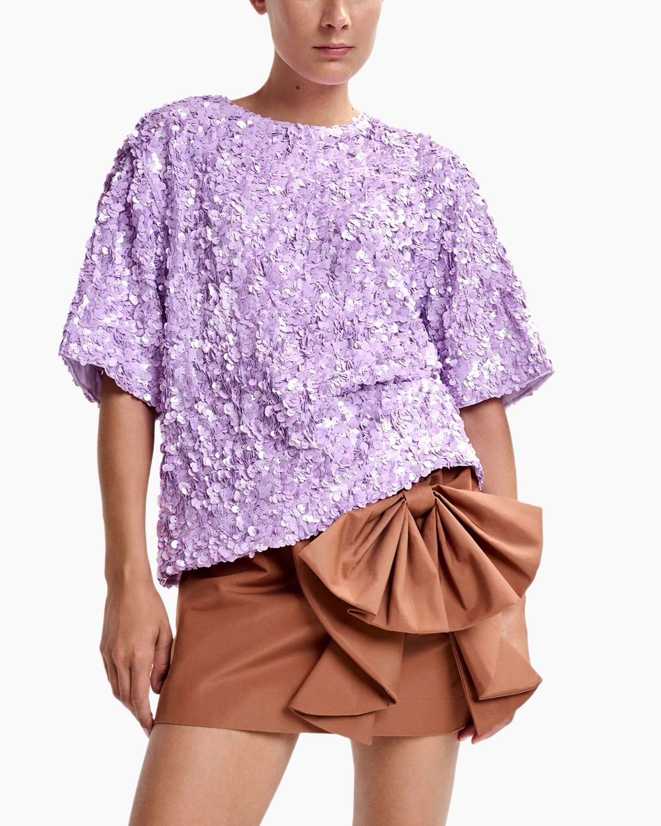 top, sequins, paars, shorts, strik, asymmetrisch, chique