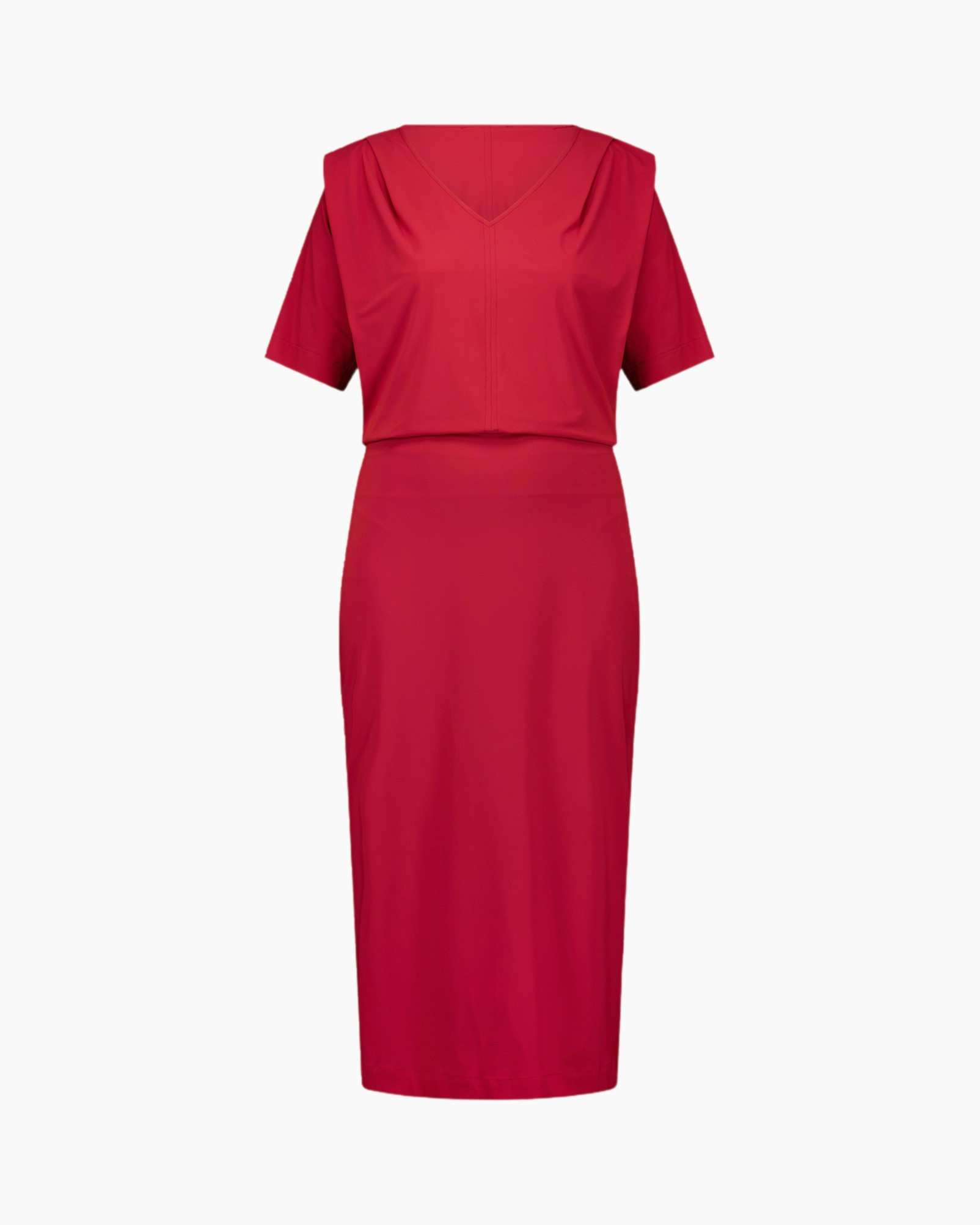 jurk, rood, knielengte, korte mouwen, v-hals