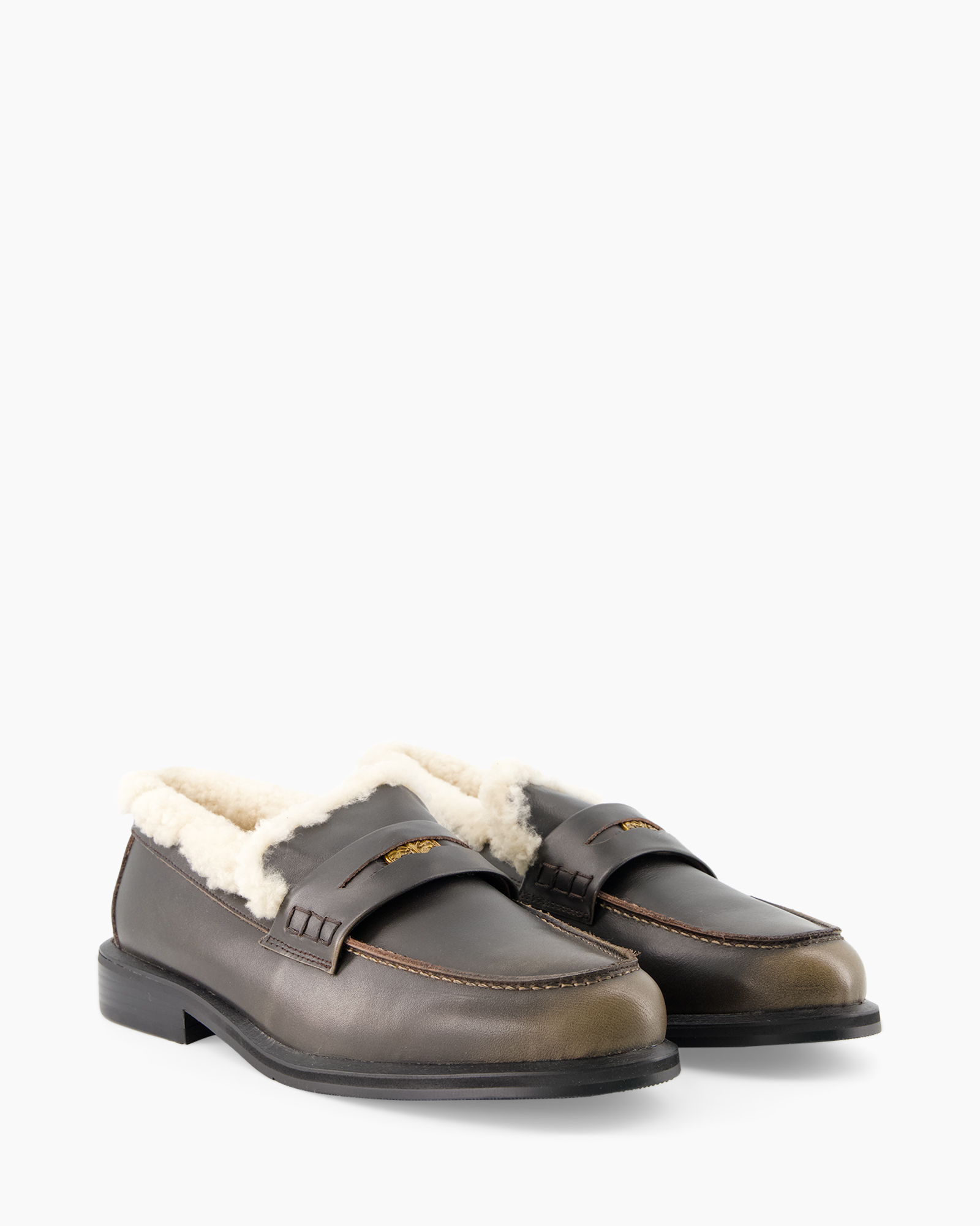 schoen, mocassin, leer, shearling, bruin