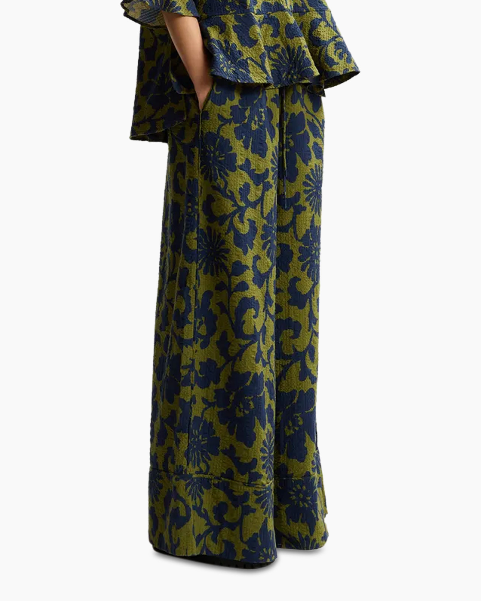 broeken, pantalon, wijdere-pijp, bloempatroon, groen-blauw