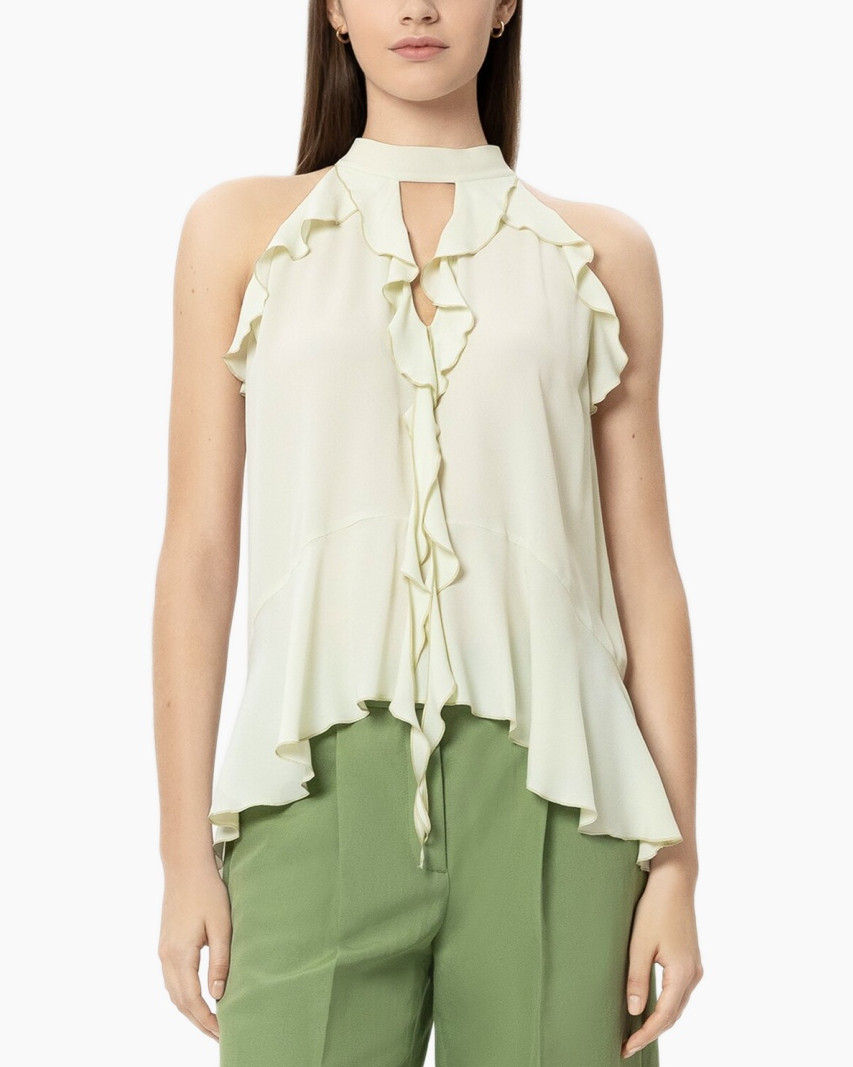 top, ruffles, halterneck, crepe, groen