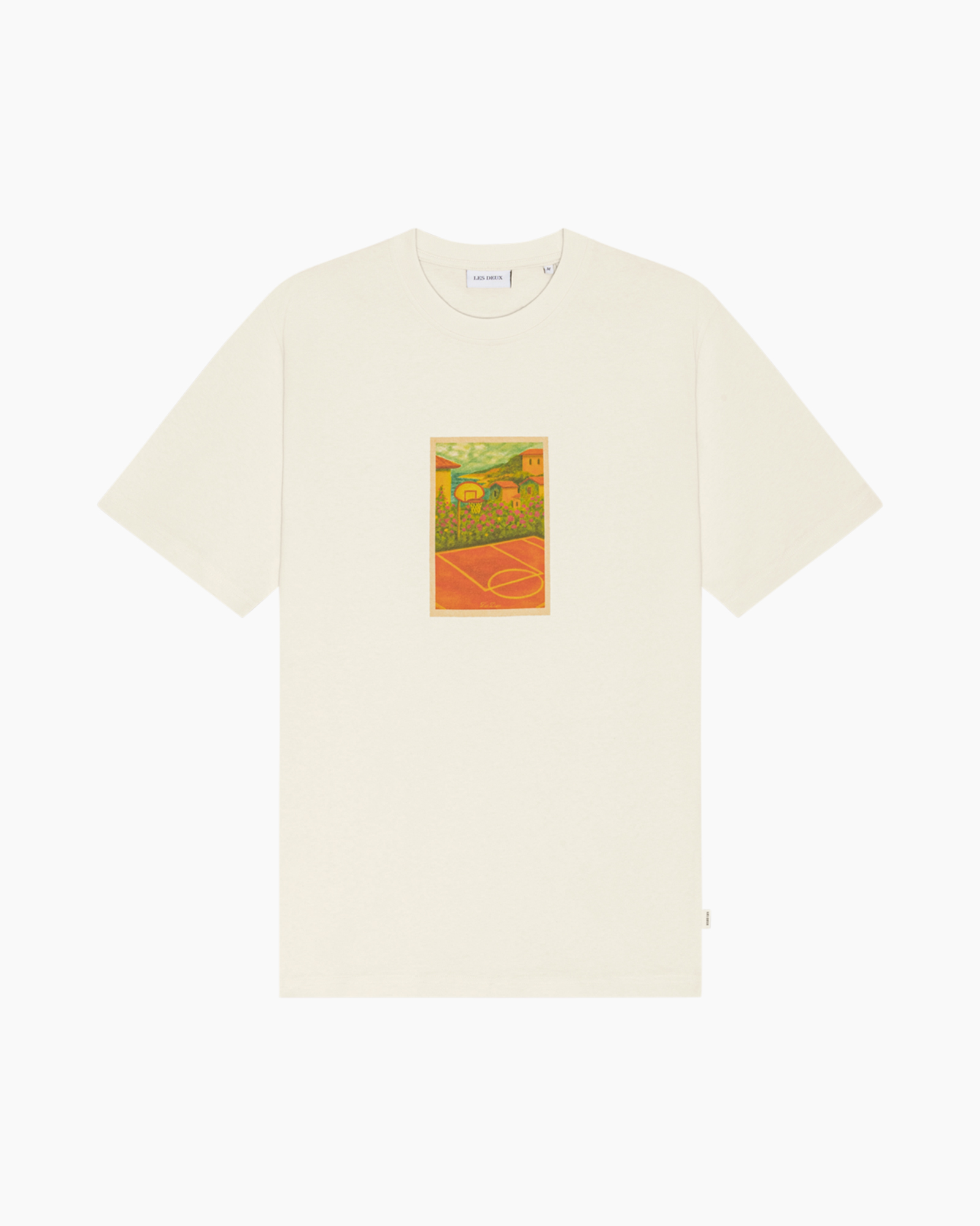 t-shirt, grafische, korte mouwen, crème, basketbalveld, kunstafdruk