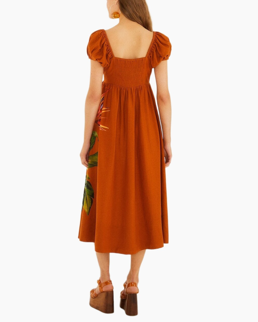 maxi dress, orange, floral print, short puff sleeves, mid-length