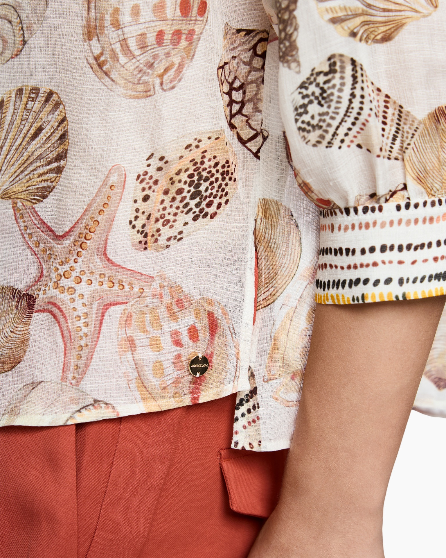 patroon met schelpen, schelpen patroon, sterfish, linnen shirt, strandkleding