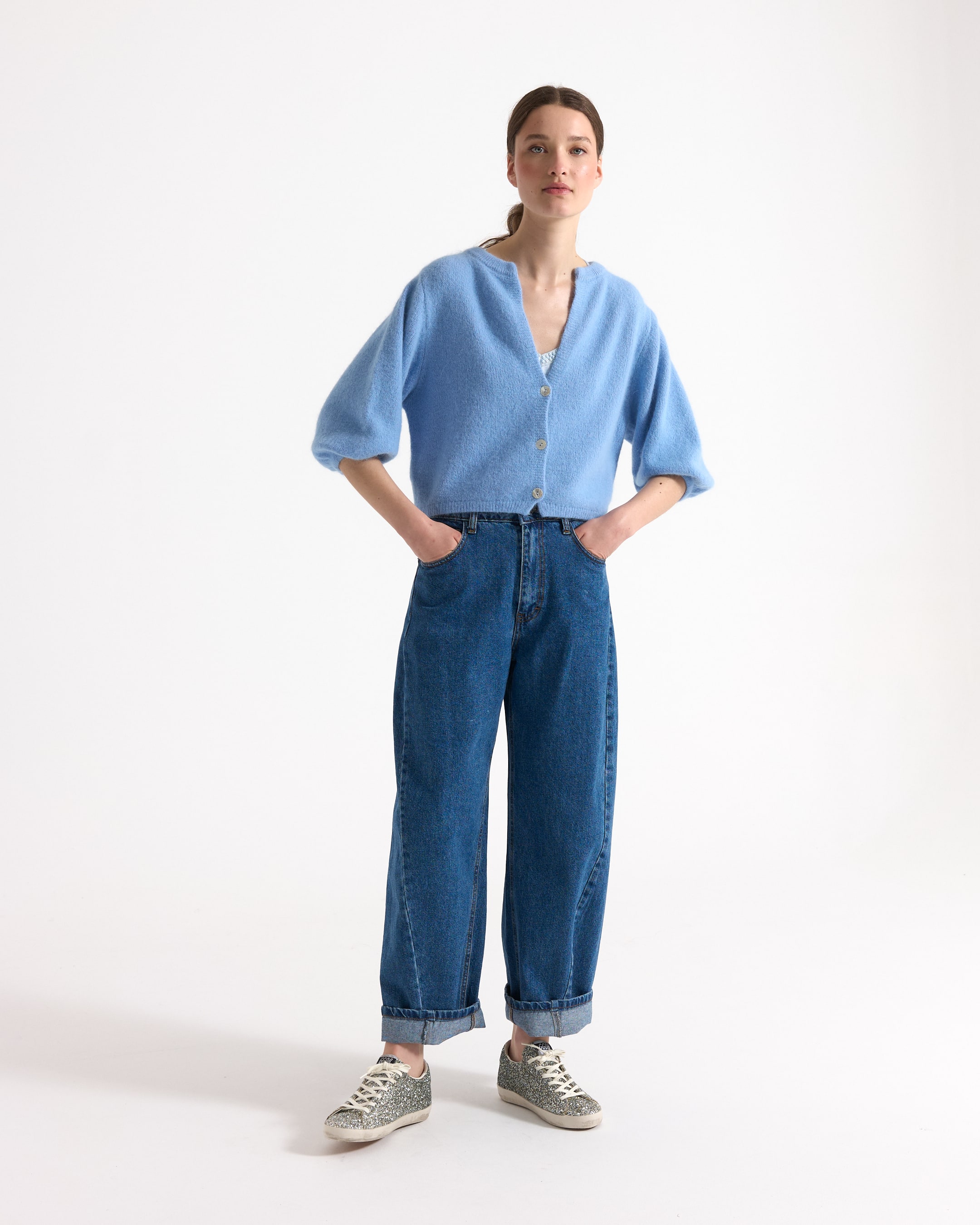 cardigan, blauw, korte mouwen, knopen, gebreide top, cardigan, blauw, kortmouwen, knopen, brei