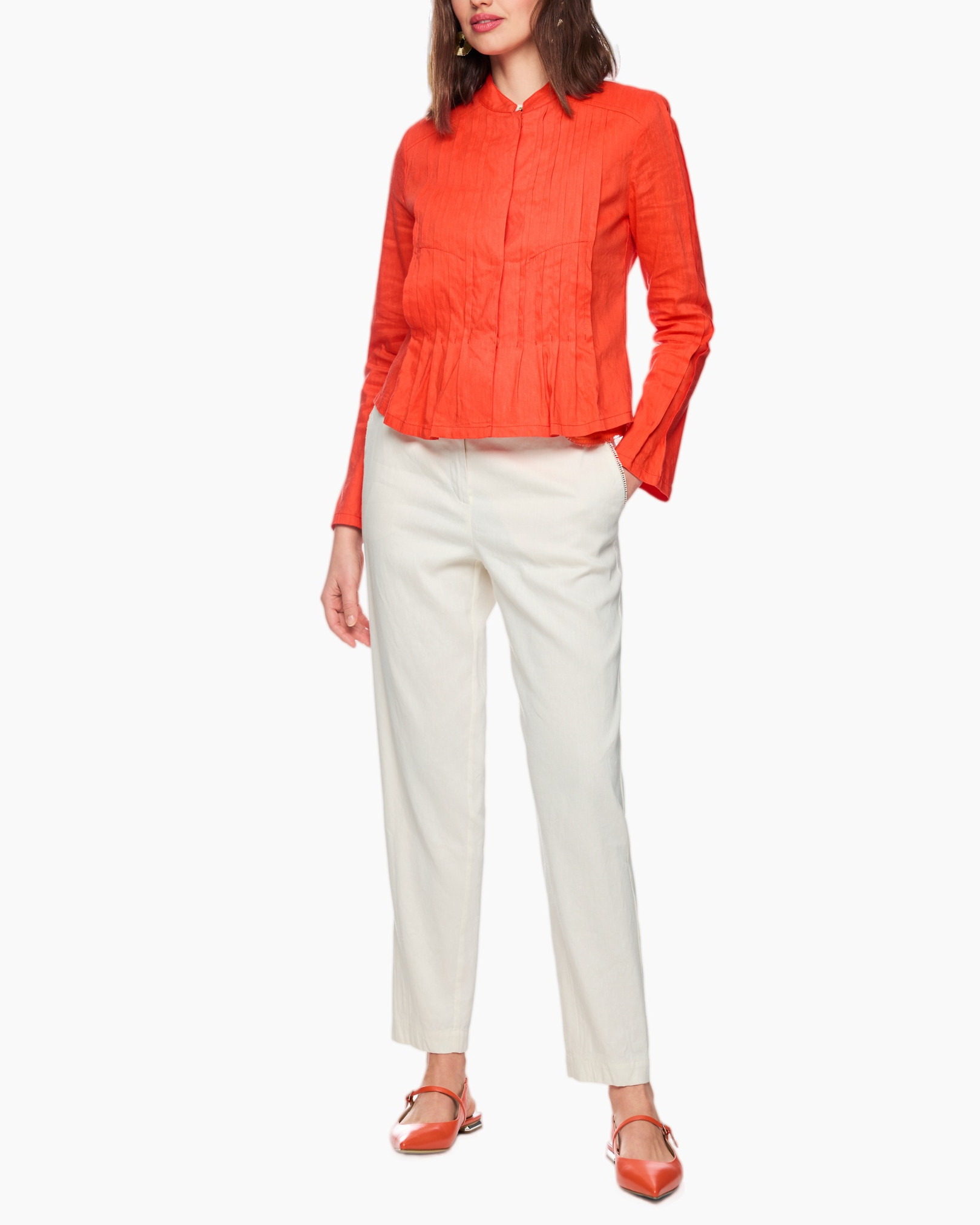 red top, pleated blouse, long sleeve, collared shirt, linen look