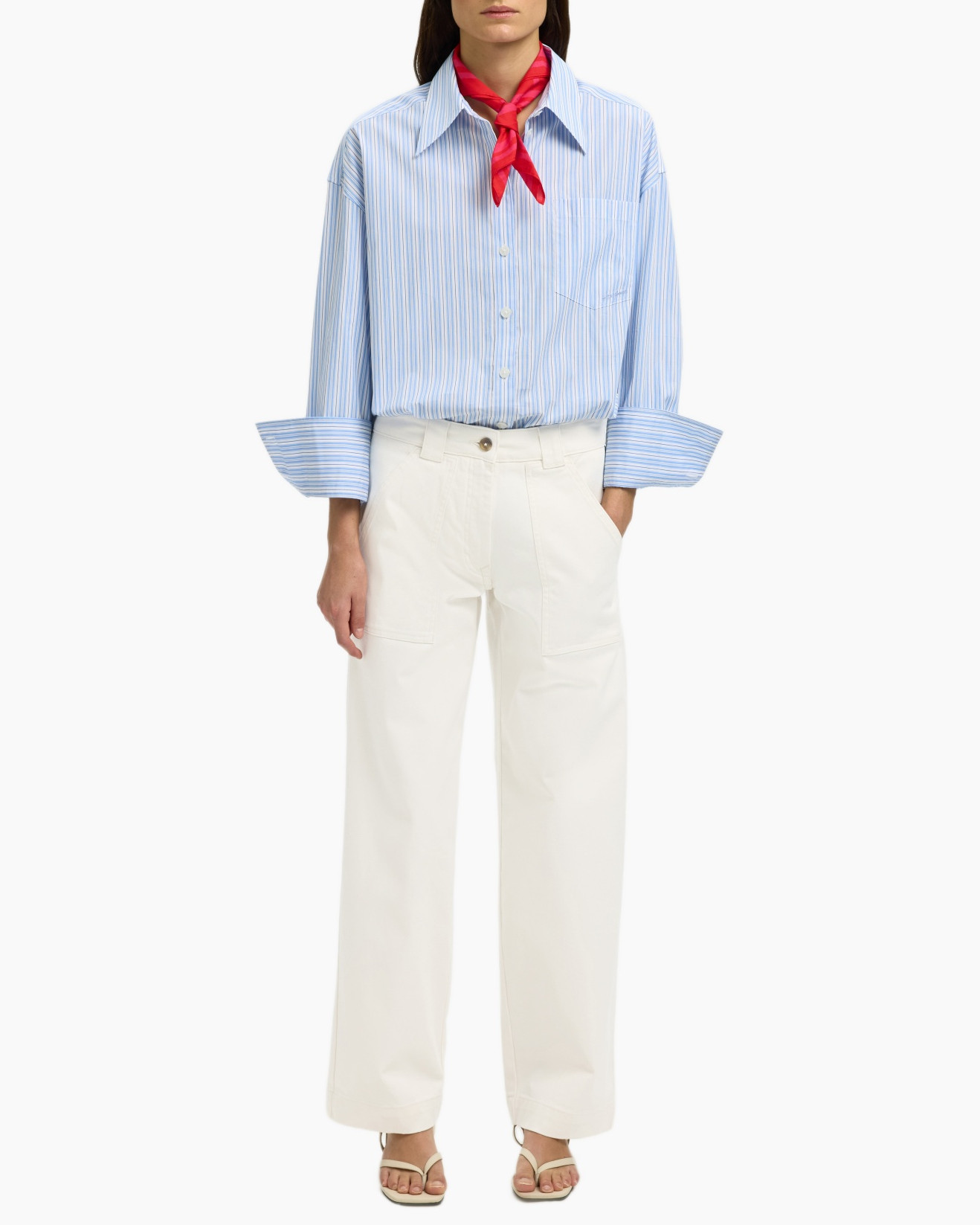 striped shirt, blue shirt, button-down, long sleeves, scarf accessory