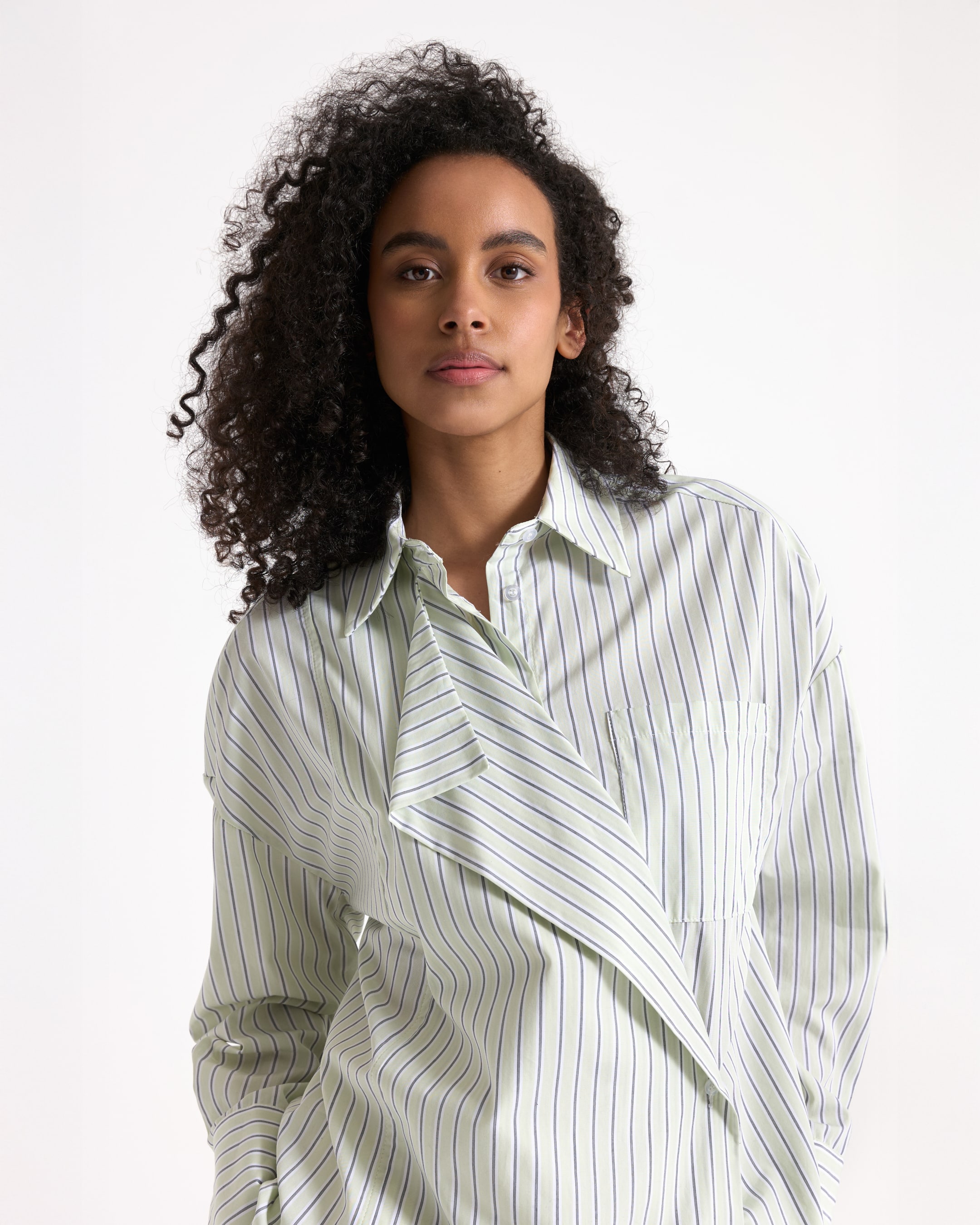 shirt, stripes, long sleeve, collared, wrap design