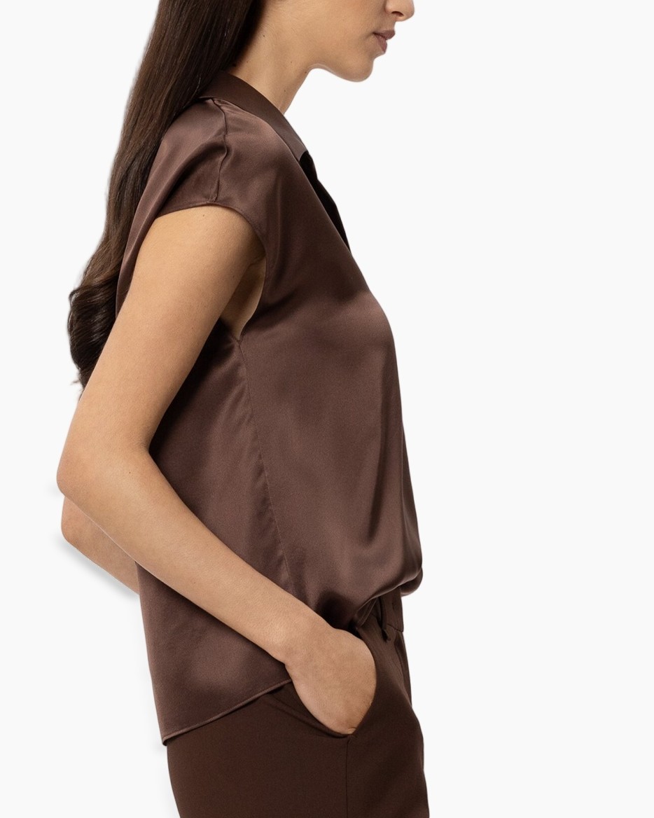 satijntop, korte mouwen, bruin, met zak, zijden blouse