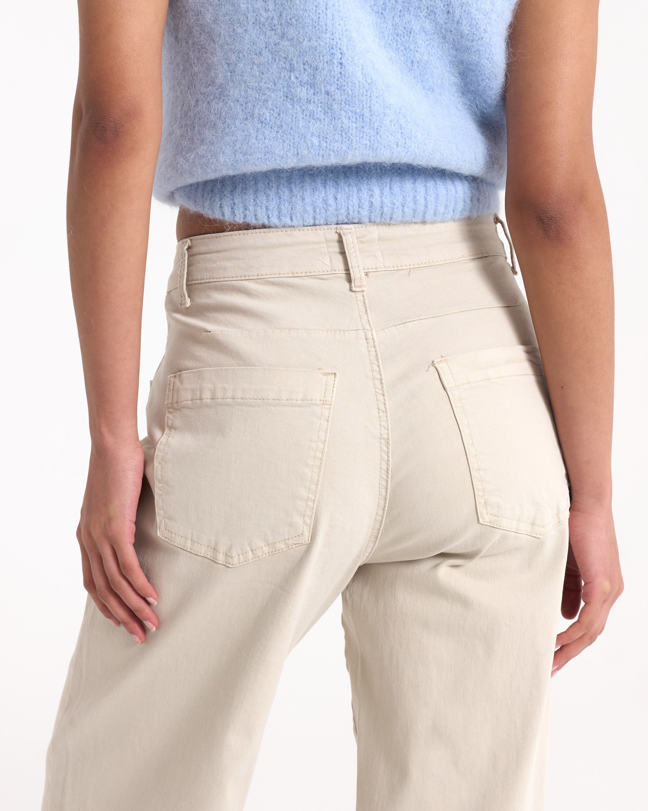 beige pants, khaki pants, back pockets, belt loops, high waist