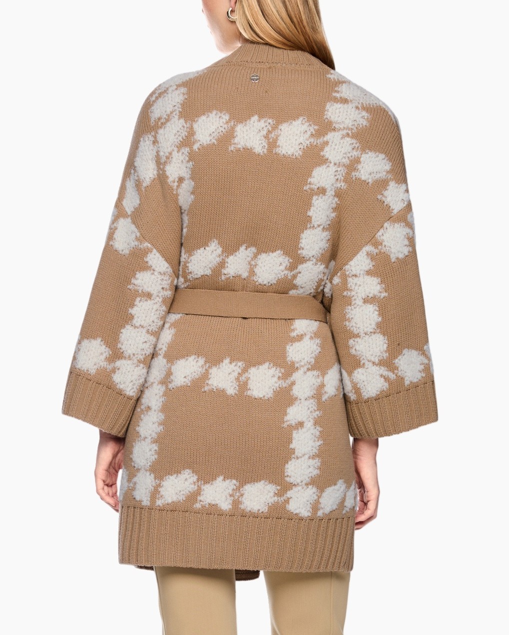 cardigan, riem, gebreide, camelkleur, wolkenpatroon