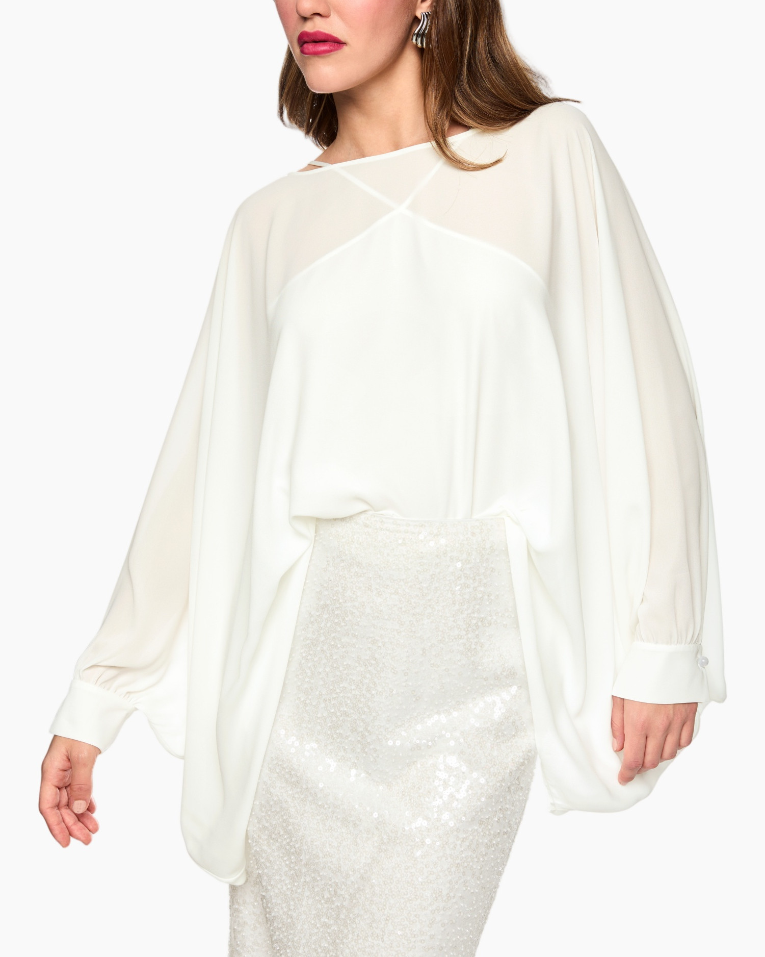 white, blouse, draped, sheer, sequined-skirt
