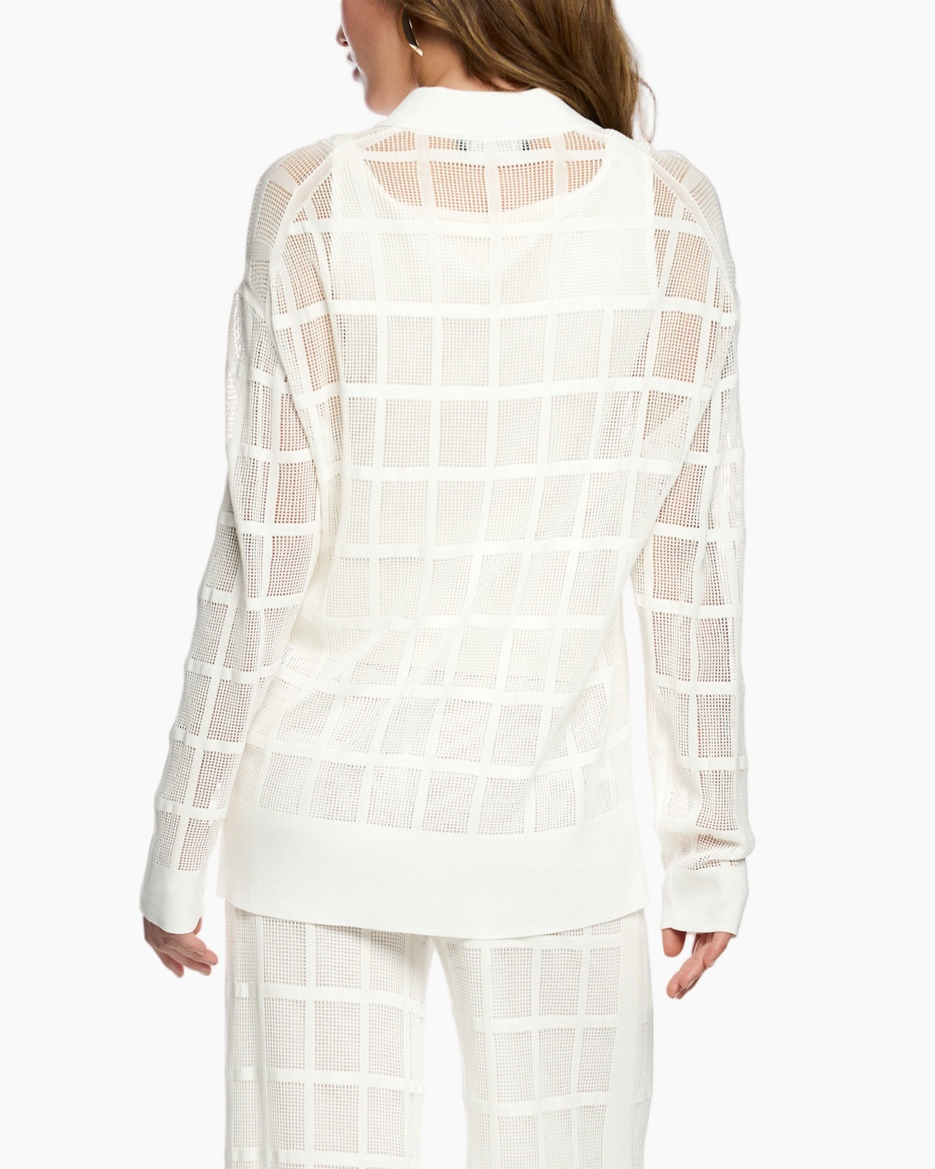 white cardigan, mesh pattern, grid knit, collar shirt, loose fit