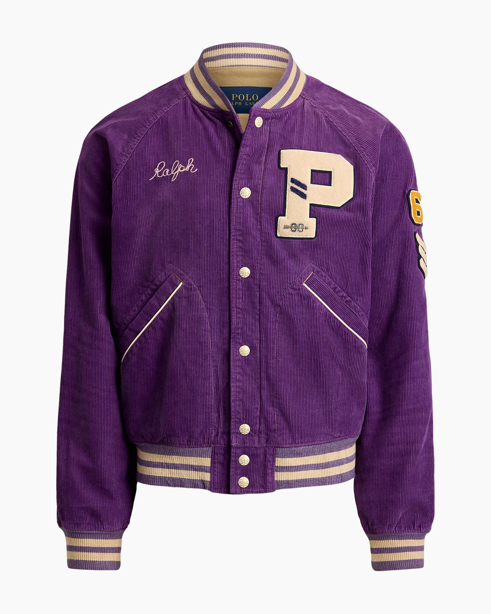 korduroy, varsity jas, paars, logo patch, zakken