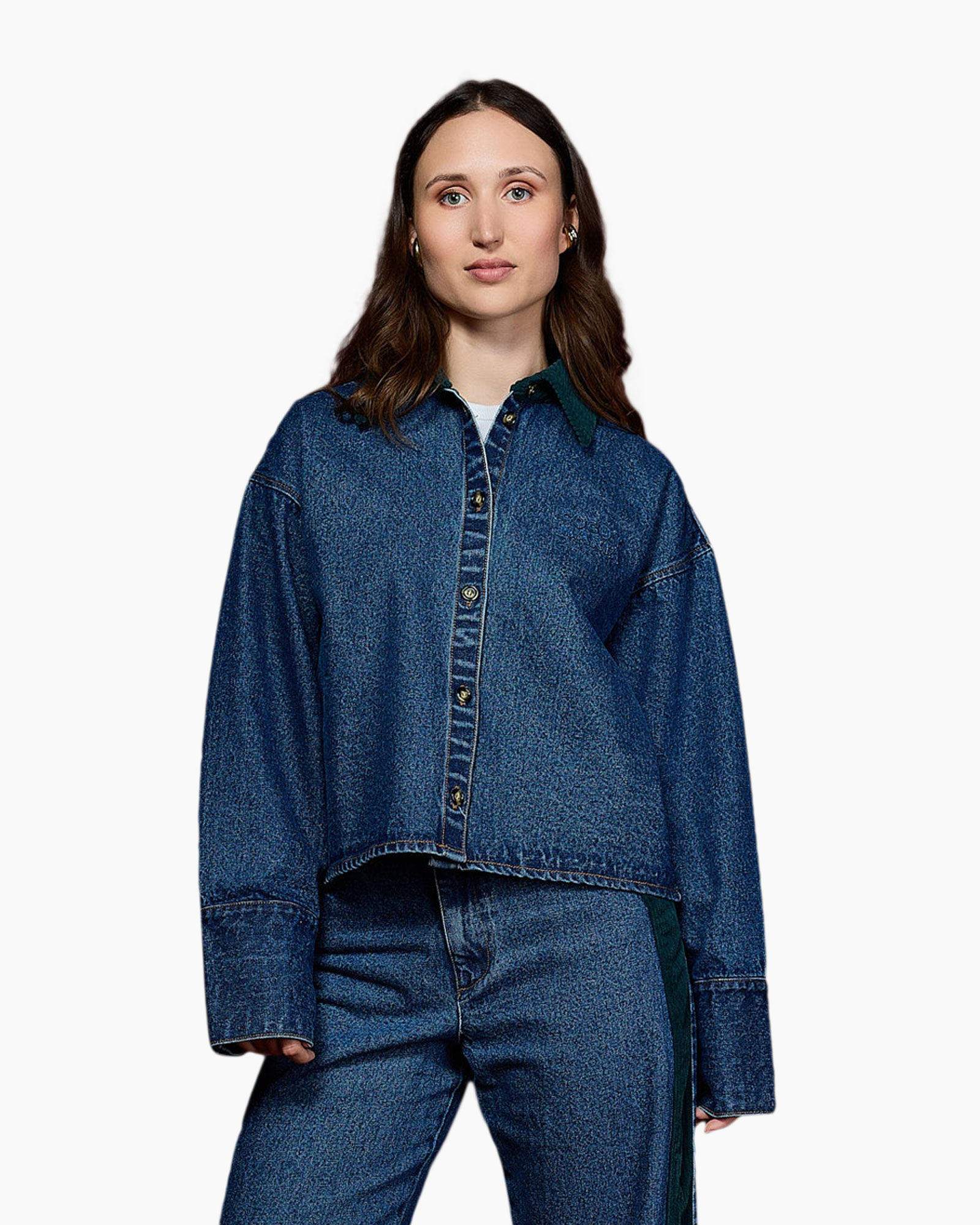 denim blouse, denim jas, blauwe spijkerbroek, kraag, lange mouwen
