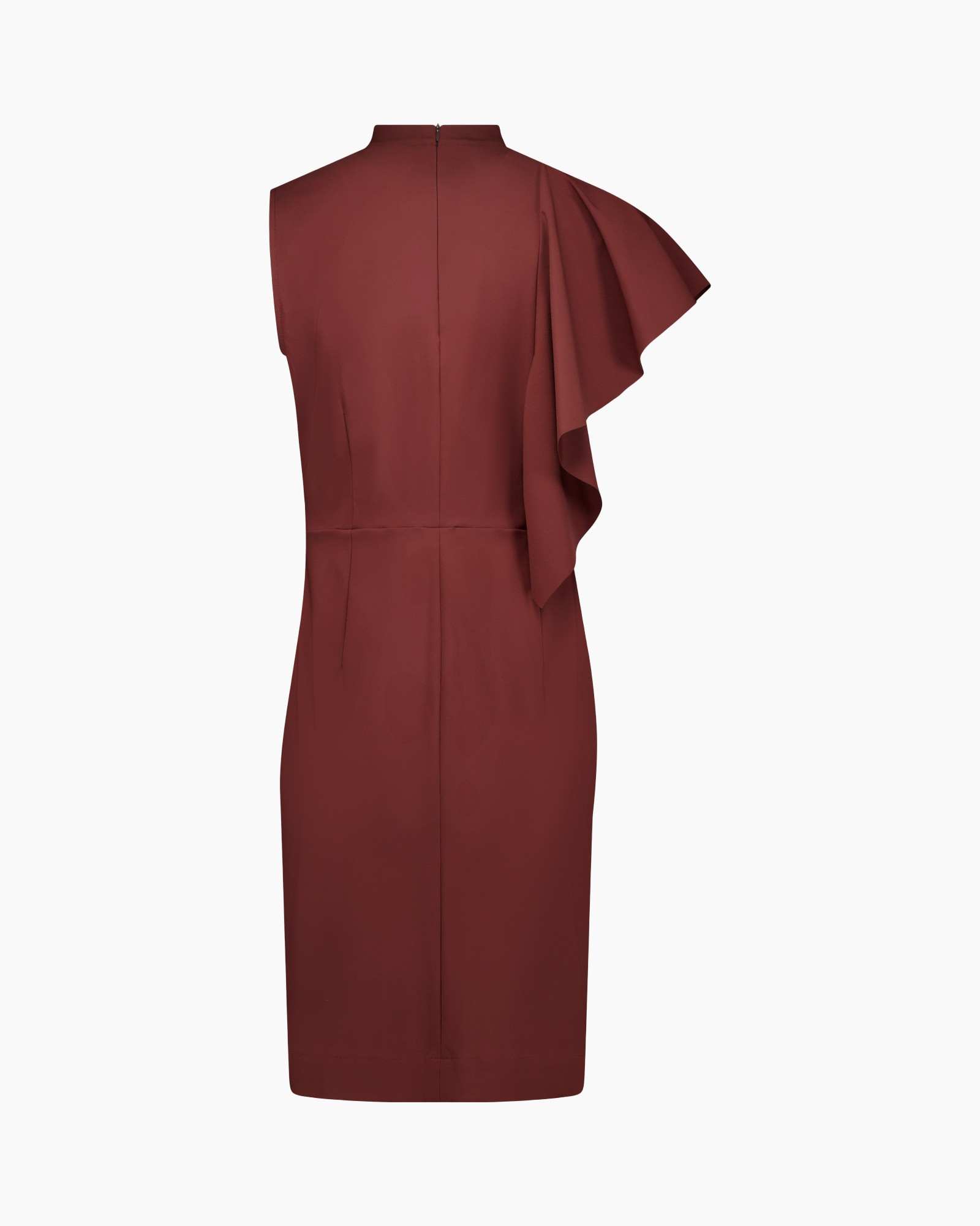 dress, one-shoulder, ruffle, mid-length, burgundy