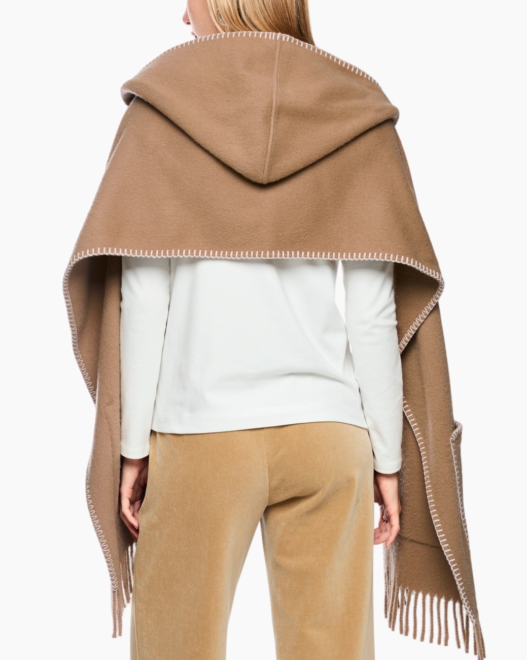 poncho, sjaal, franje, zakken, camel