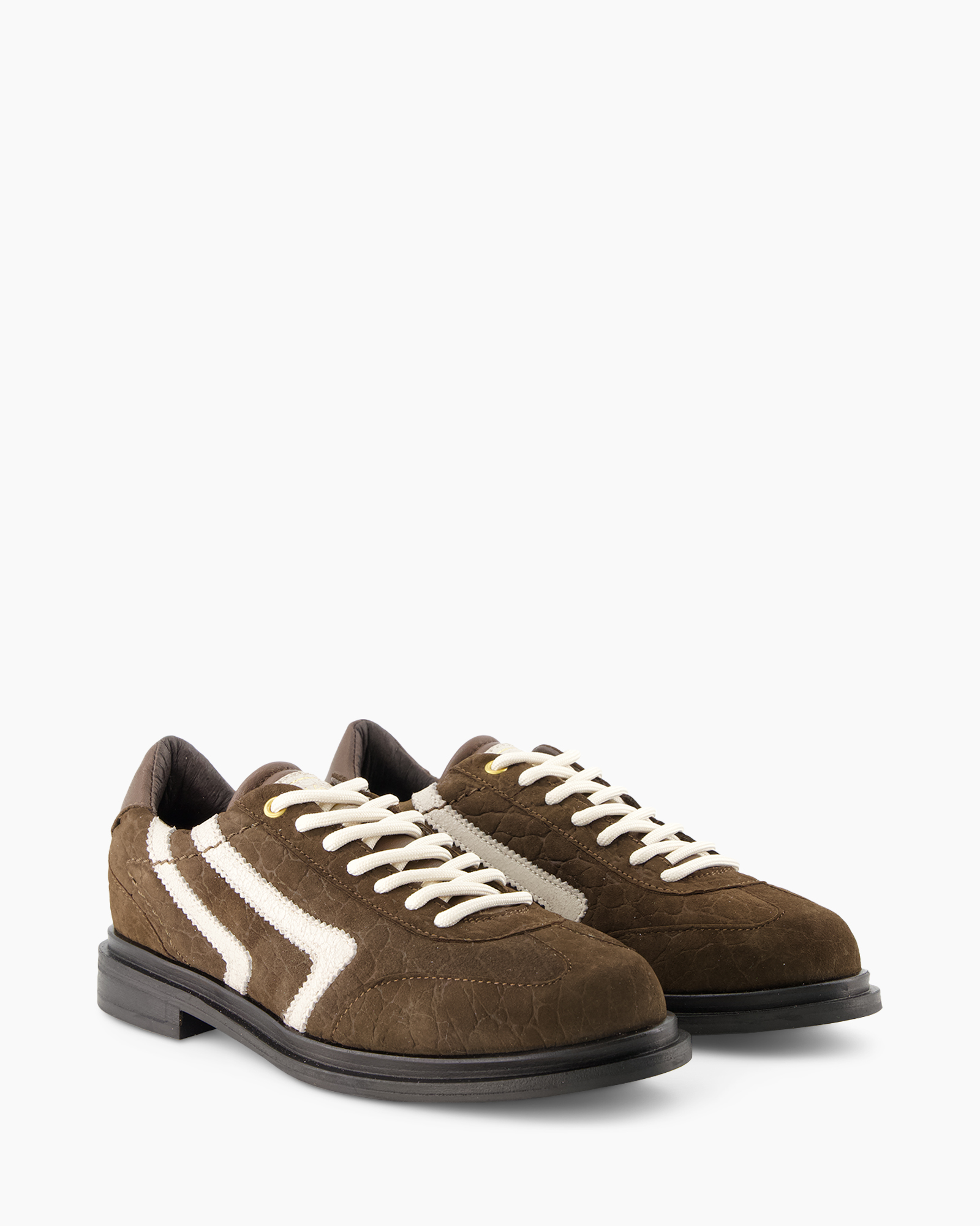 bruin, suede, athletisch, veterschoen, patchwork