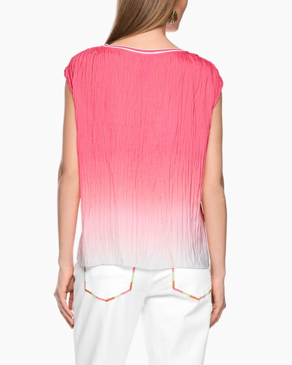 roze top, gradient roze, Plissé textuur, korte mouw, ronde hals