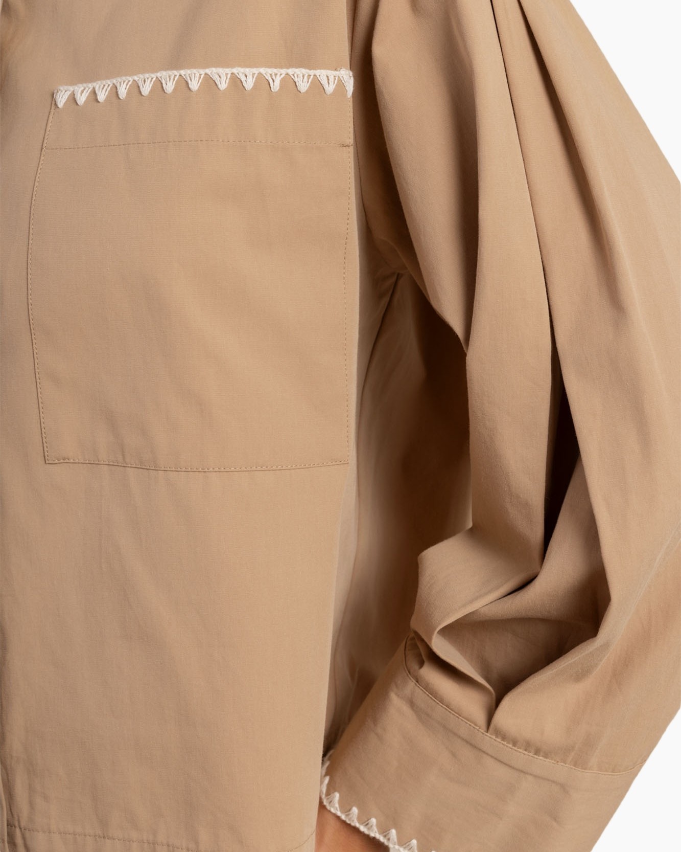 beige, zak, stiksels, lange mouw, stof