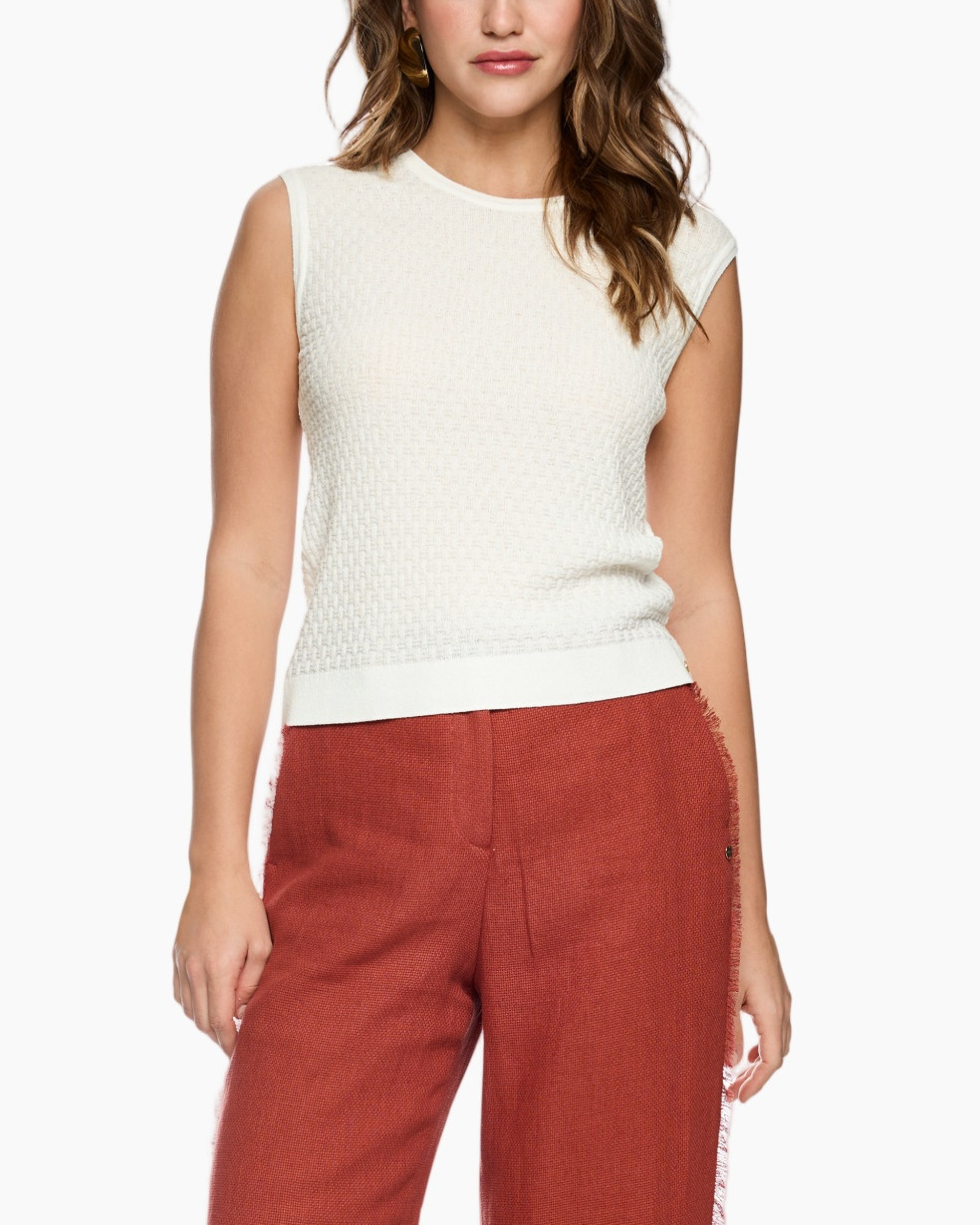 tanktop, witten gebreid, mouwloos, top, roodbruine broek