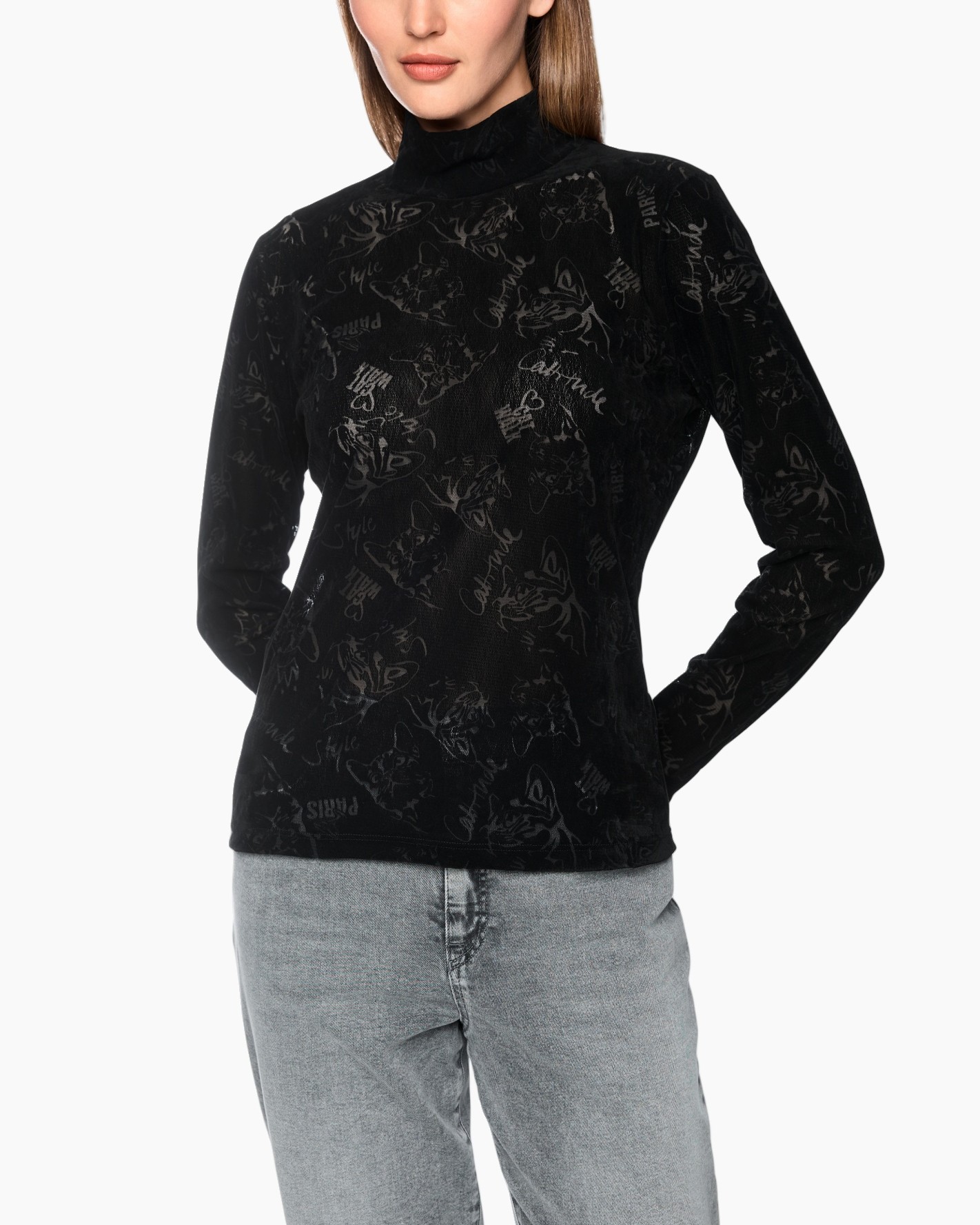ousekented, zwart top, mesh brei, patroon, lange mouw