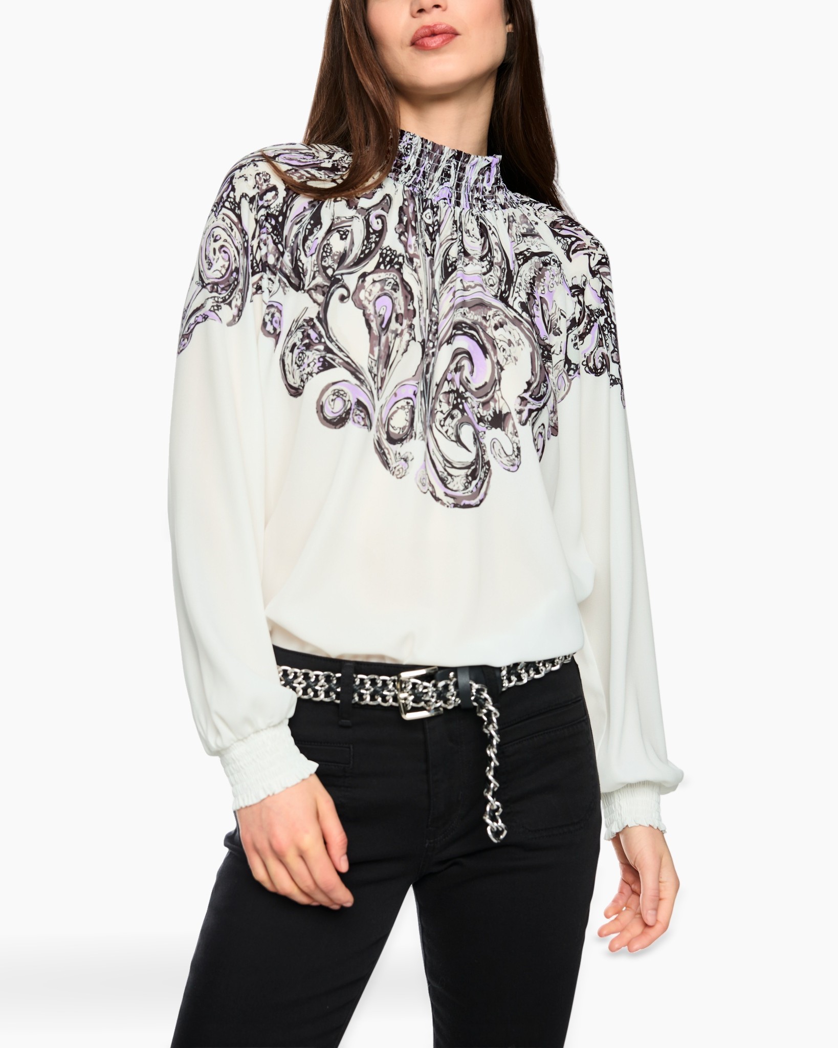 blouse, paisley, lange mouwen, hoge hals, wit