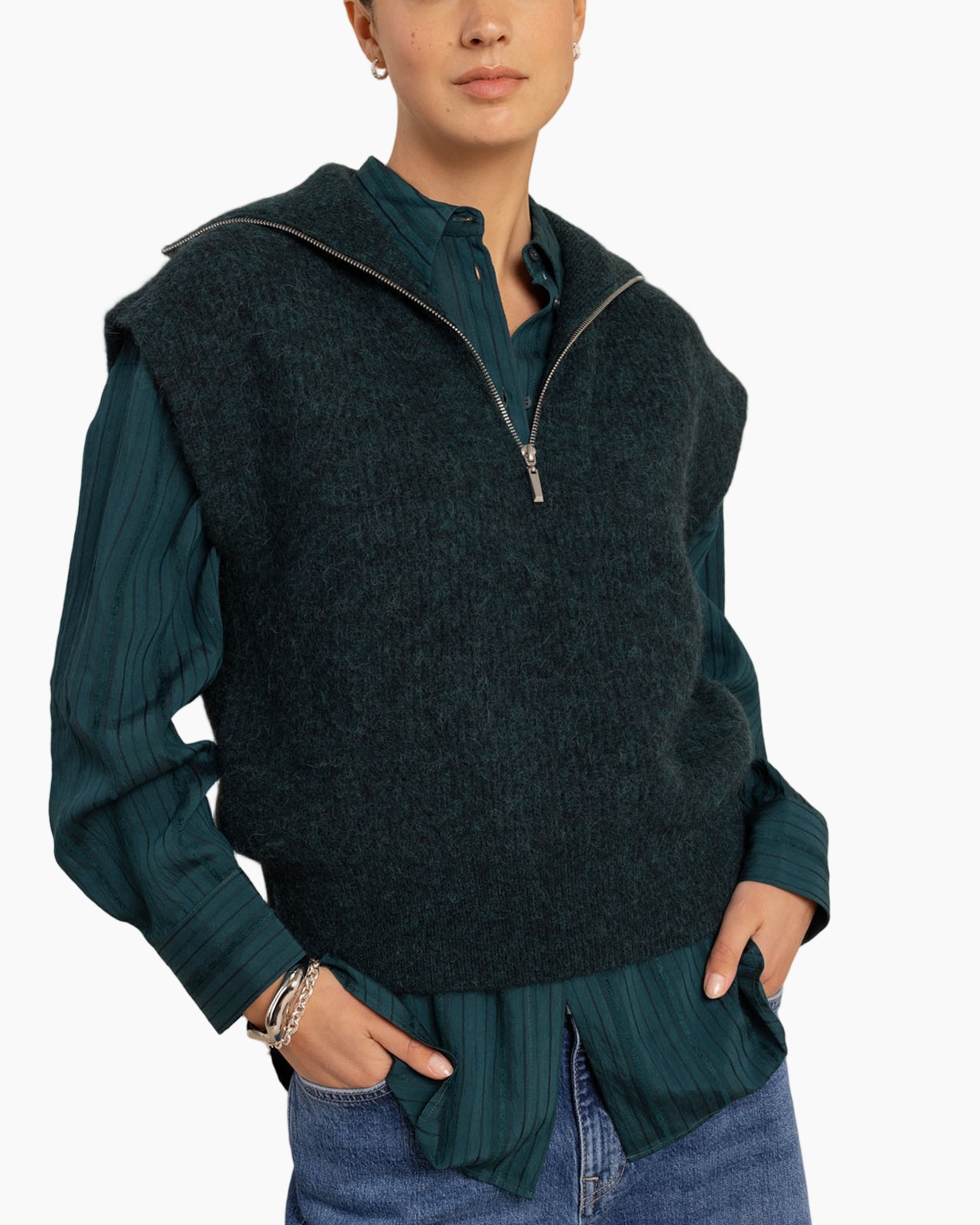 damesvest, breivest, rits, donkergroen, laagjeslook