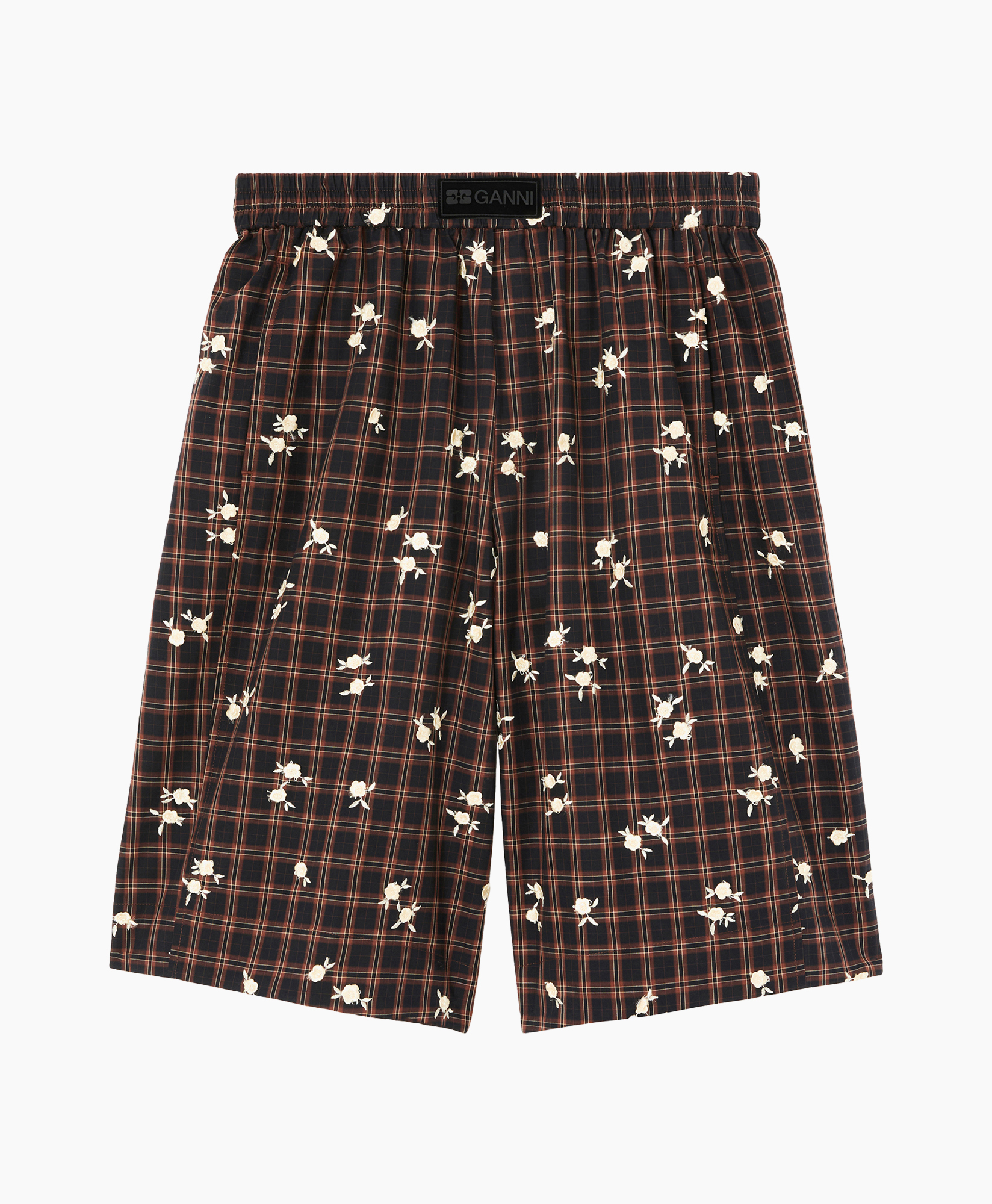 shorts, ruitjes, bloemendessin, elastische tailleband, knielengte